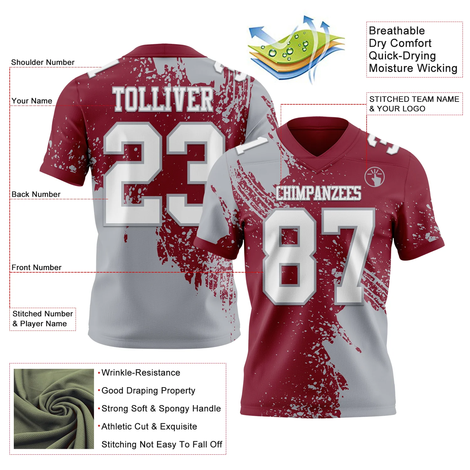 Custom Crimson White-Gray 3D Pattern Abstract Brush Stroke Authentic Football Jersey