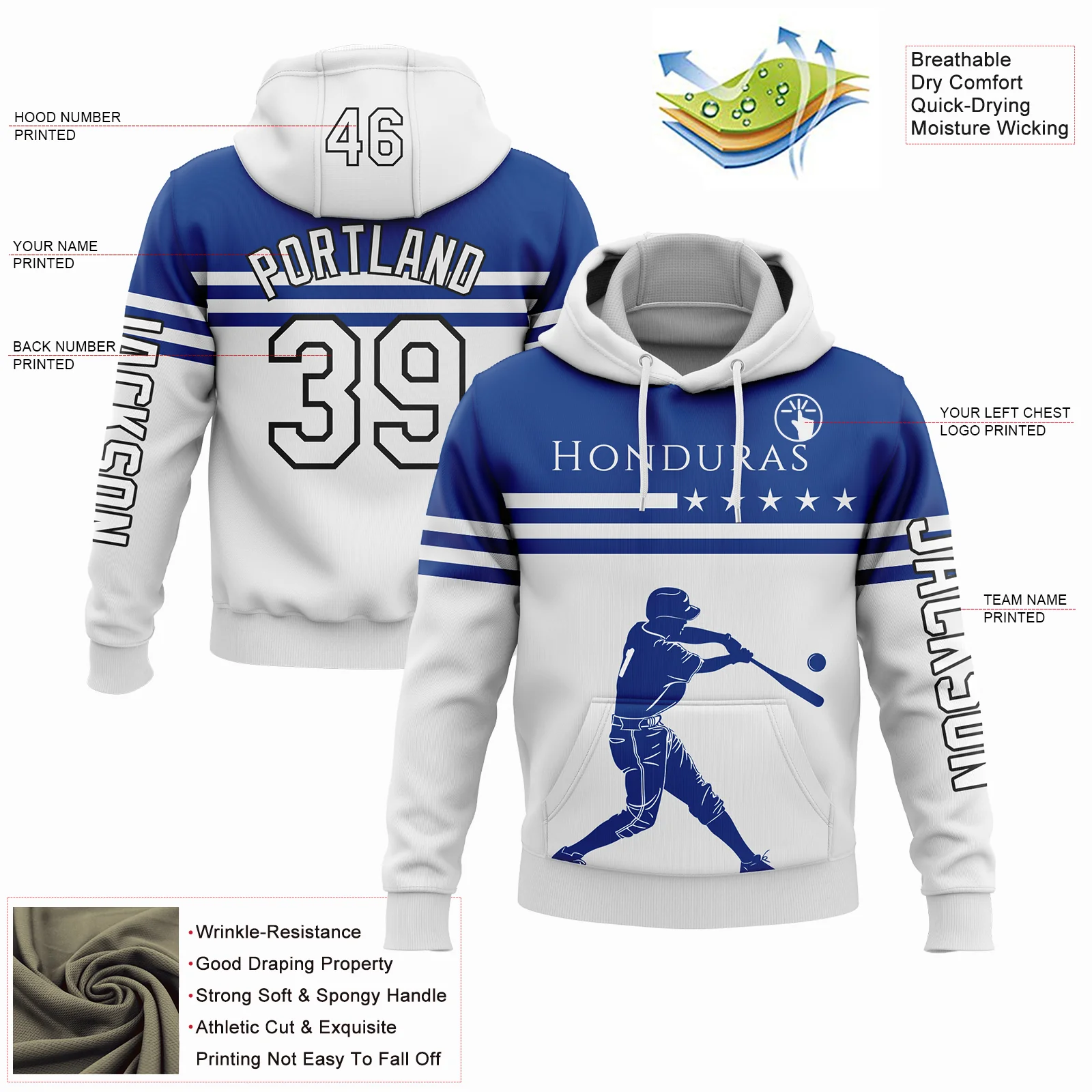 Custom White Royal-Black 3D Honduras Honduran Flag Sports Pullover Sweatshirt Hoodie