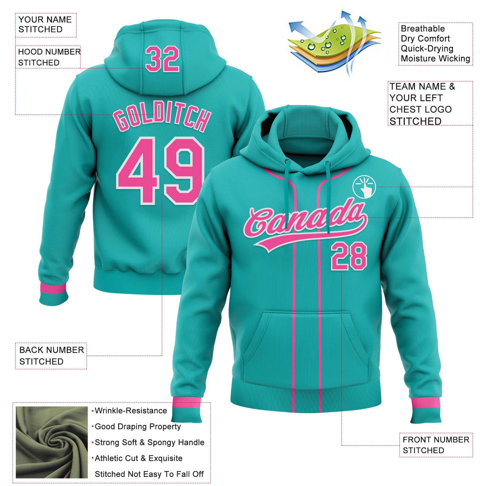 Custom Stitched Aqua Pink-White Baseball Pullover Sweatshirt Hoodie