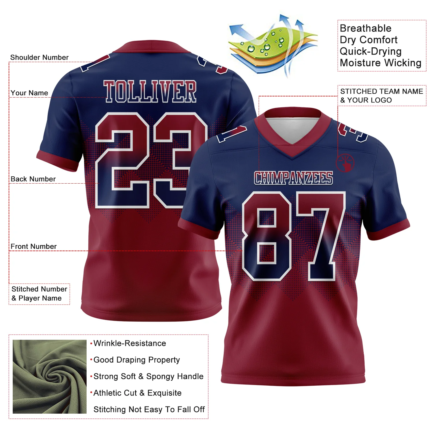Custom Navy Crimson-White Authentic Gradient Square Shape Flag Football Jersey