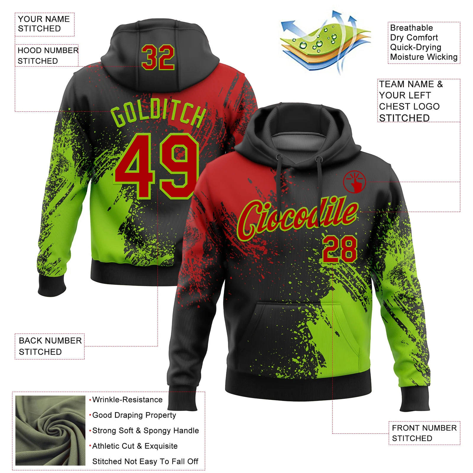 Custom Stitched Black Red-Neon Green 3D Pattern Design Abstract Brush Stroke Sports Pullover Sweatshirt Hoodie