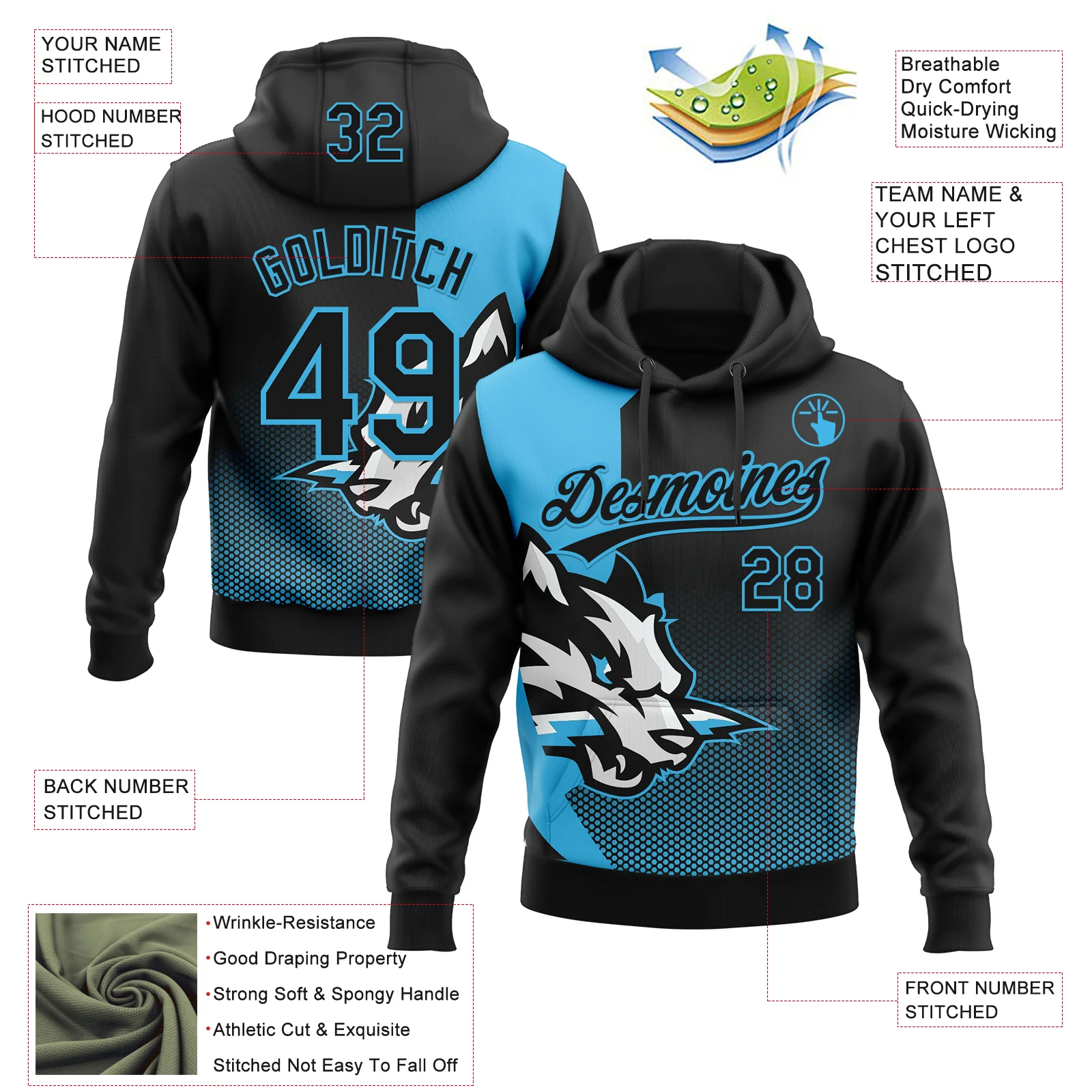 Custom Stitched Black Black-Sky Blue 3D Pattern Design Wolf Sports Pullover Sweatshirt Hoodie