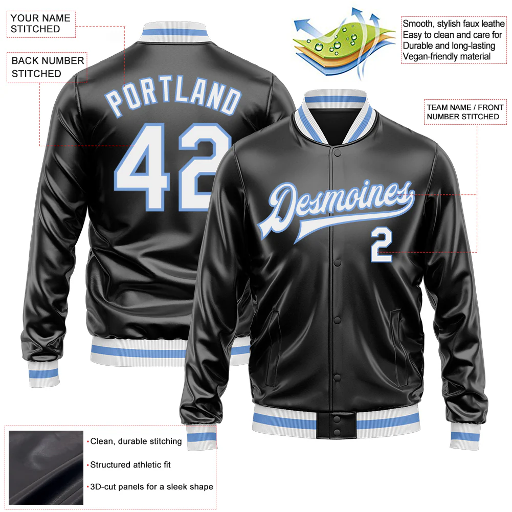 Custom Black White-Light Blue Bomber Full-Snap Varsity Faux Leather Letterman Jacket