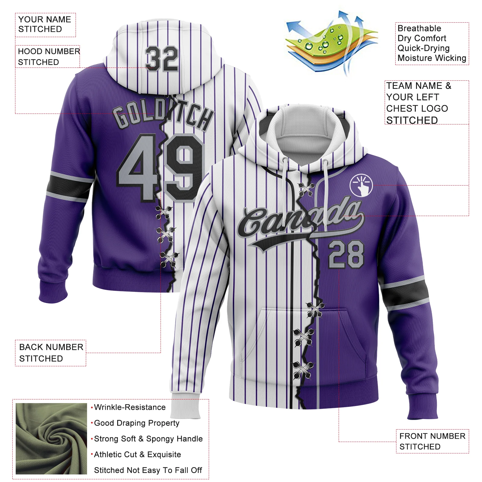 Custom Purple Gray Black-White Pinstripe Split Ripped Pattern Baseball Pullover Sweatshirt Hoodie