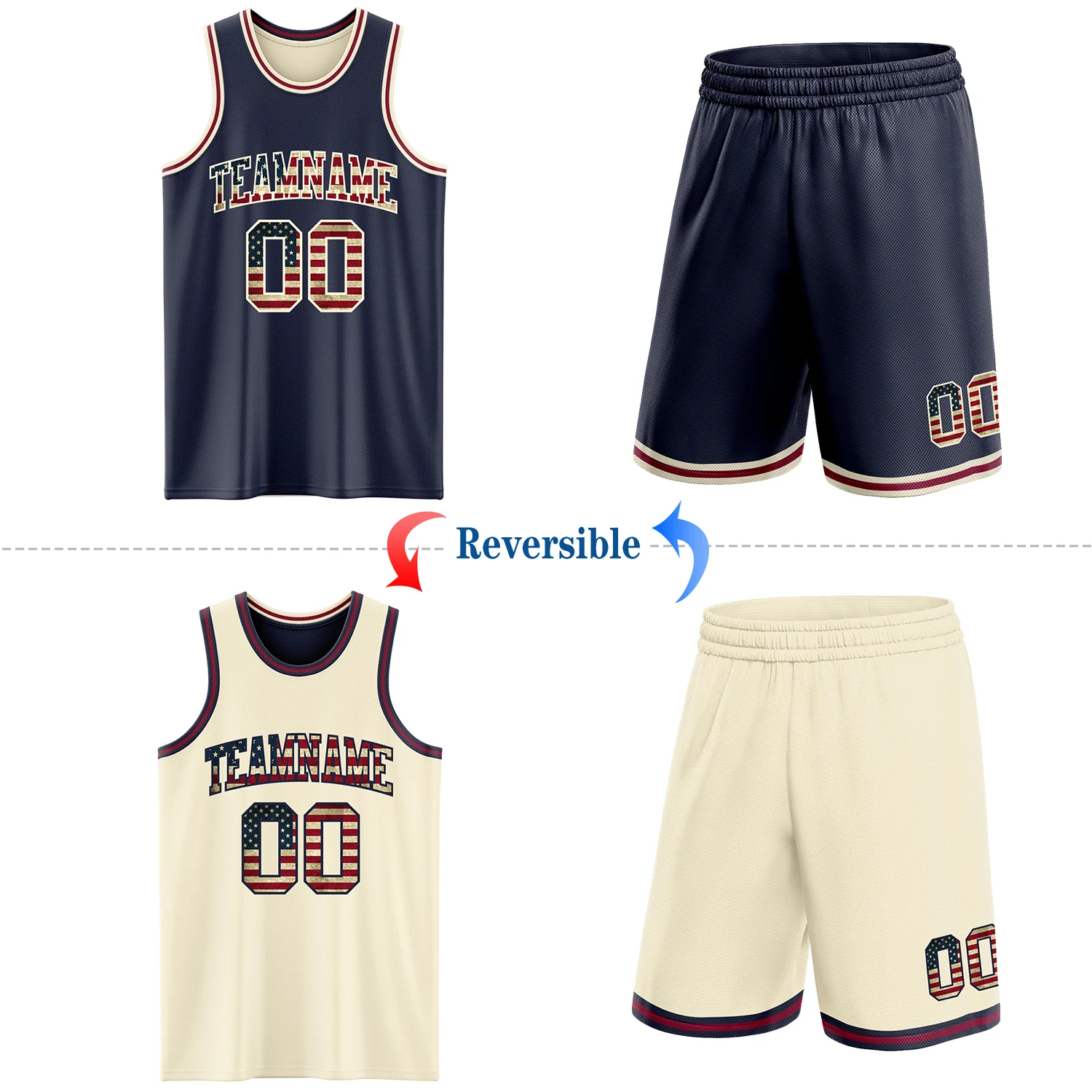 Custom Navy Vintage USA Flag Cream-Maroon Reversible Double Side Sublimation Basketball Suit Jersey
