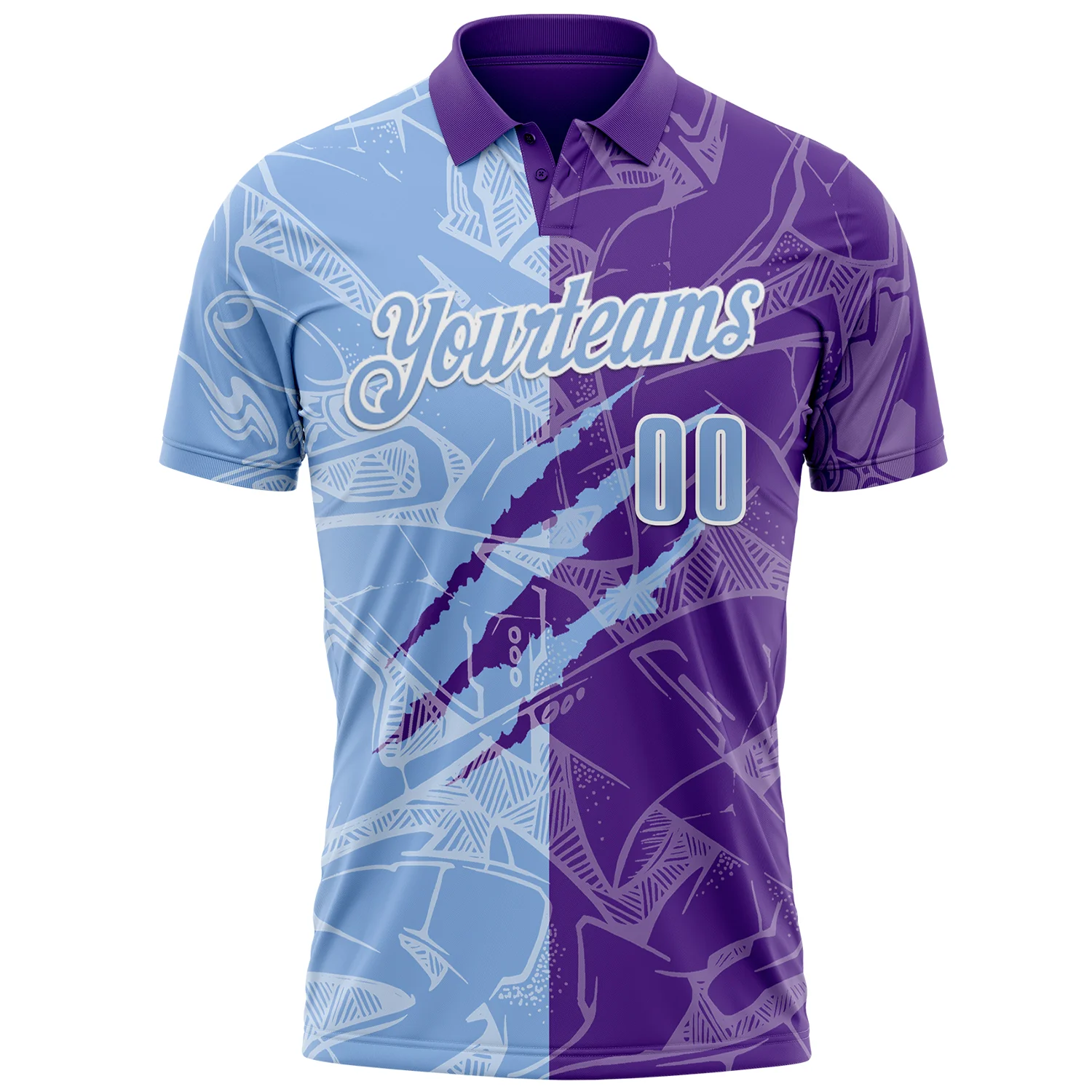 Custom Graffiti Pattern Light Blue Purple-White 3D Scratch Performance Polo Shirt