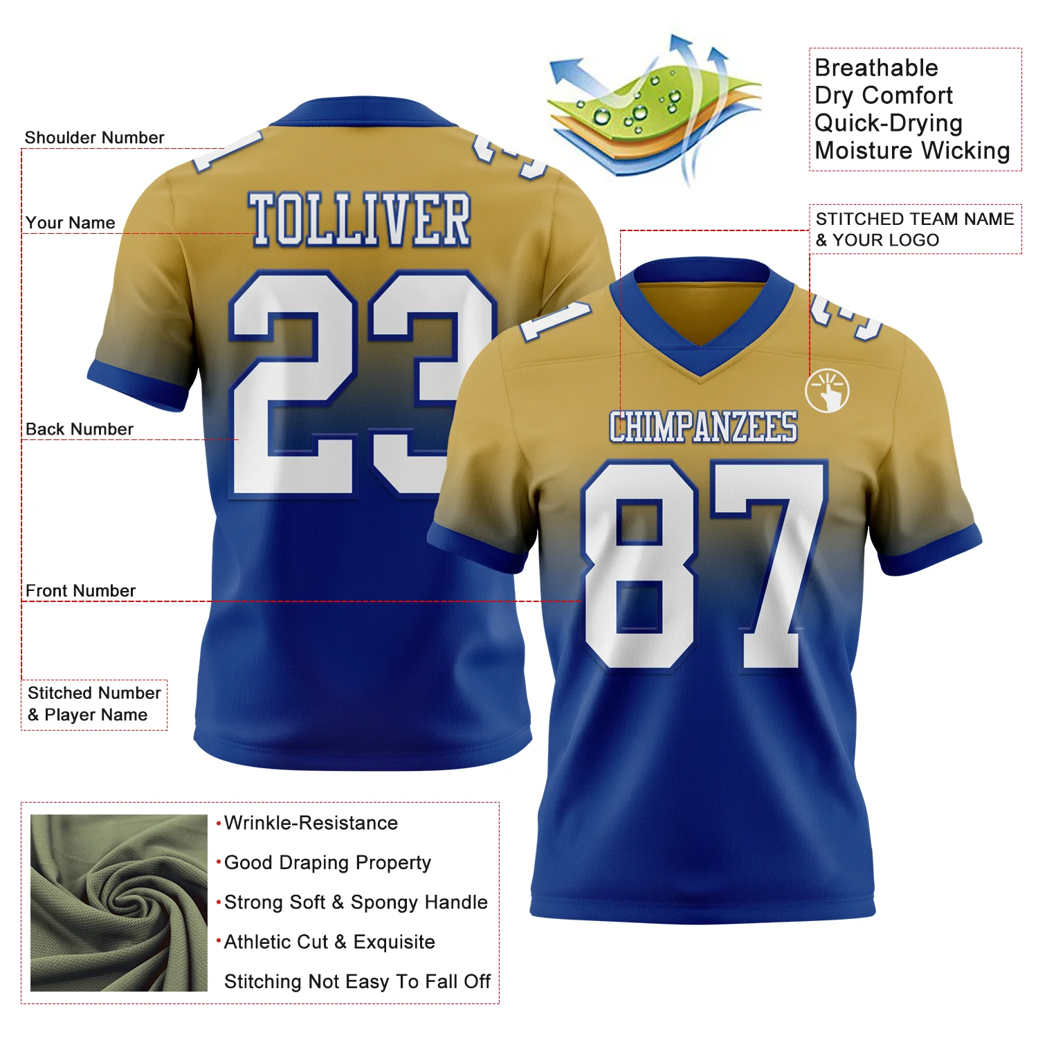 Custom Old Gold White-Royal Authentic Fade Fashion Football Jersey