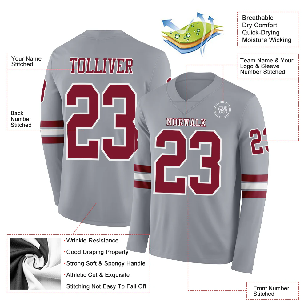 Custom Gray Crimson-White Long Sleeve Authentic Football Jersey