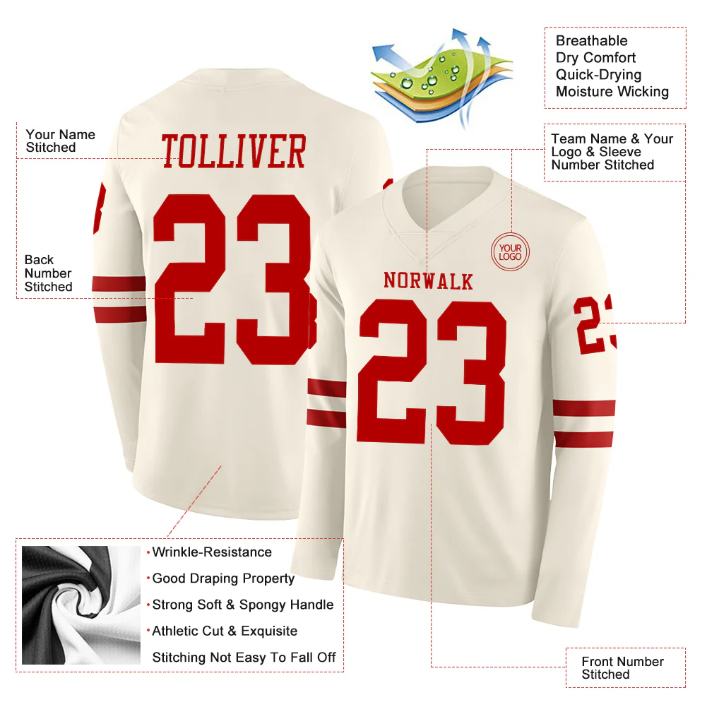 Custom Cream Red Long Sleeve Authentic Football Jersey