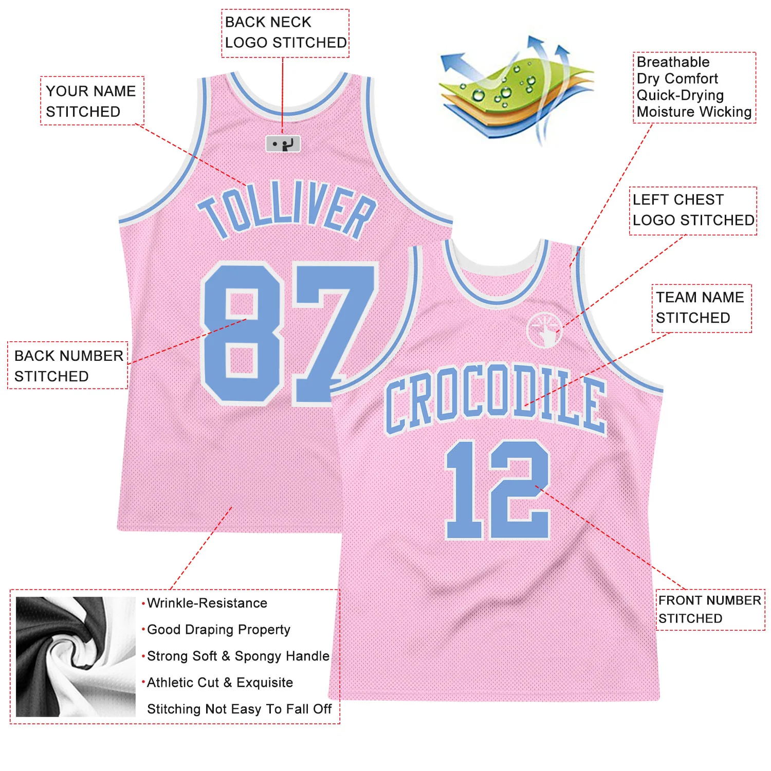 Custom Light Pink Light Blue-White Authentic Throwback Basketball Jersey