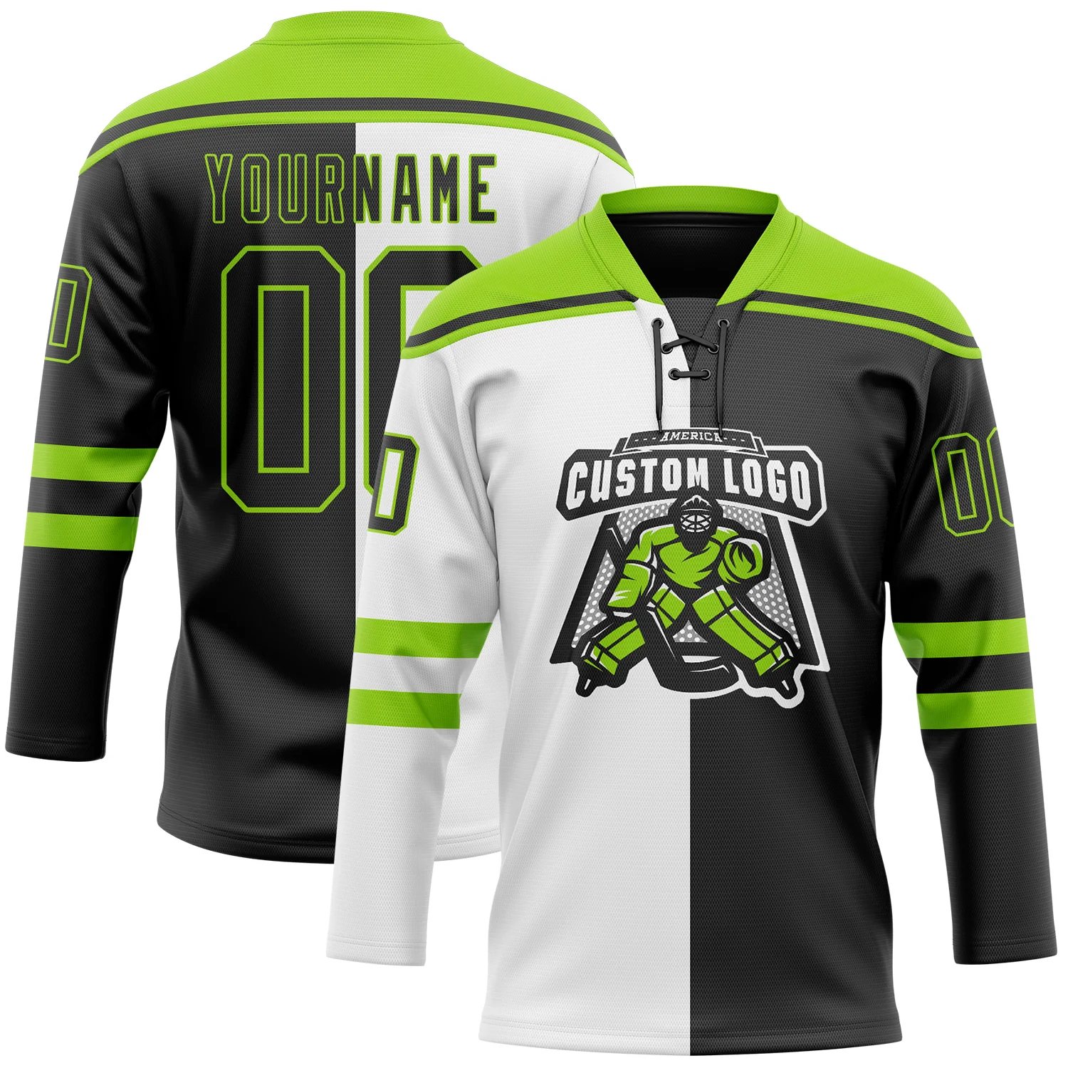 Custom Black Neon Green-White Split Fashion Hockey Lace Neck Jersey
