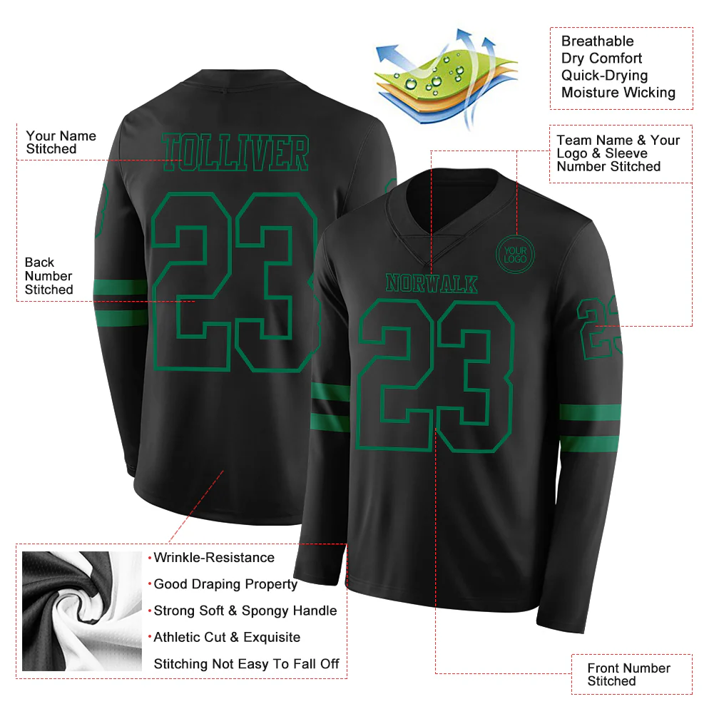 Custom Black Kelly Green Long Sleeve Authentic Football Jersey