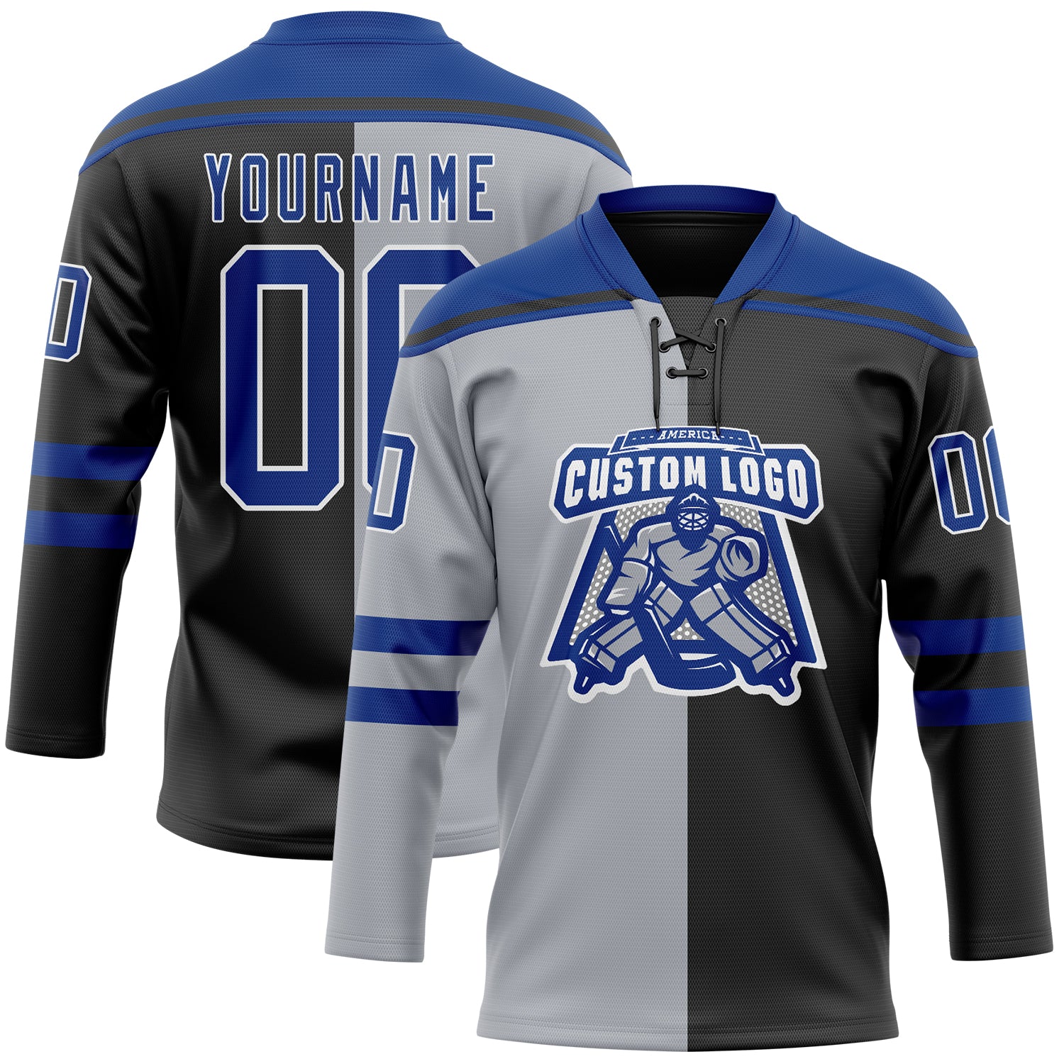 Custom Black Royal Gray-White Split Fashion Hockey Lace Neck Jersey