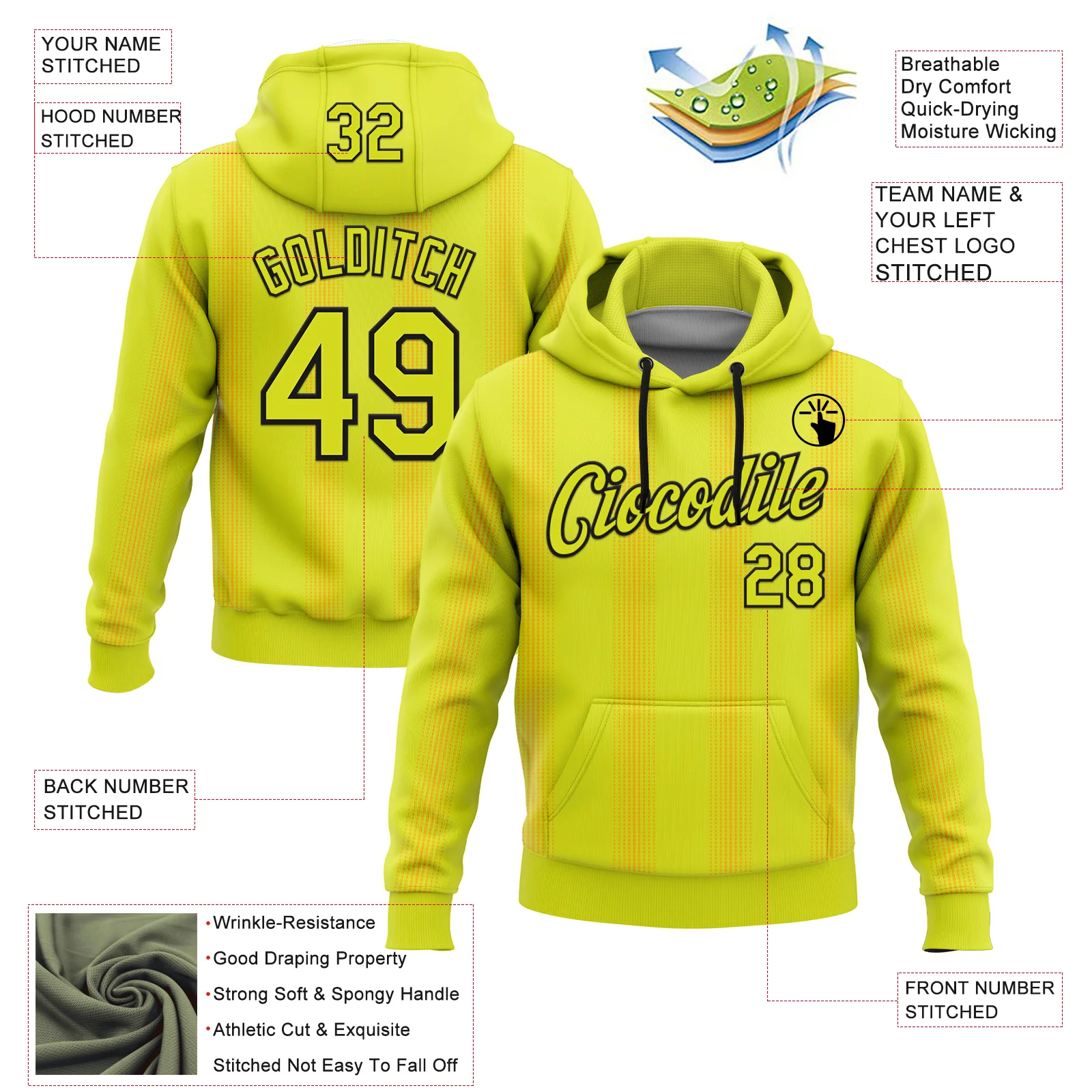 Custom Stitched Neon Yellow Black 3D Pattern Design Geometric Shape Sports Pullover Sweatshirt Hoodie