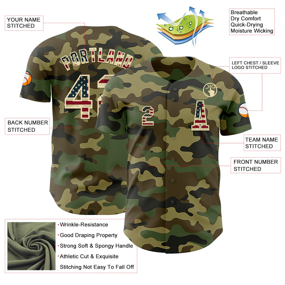 Custom Camo Vintage USA Flag-Cream Authentic Salute To Service Baseball Jersey