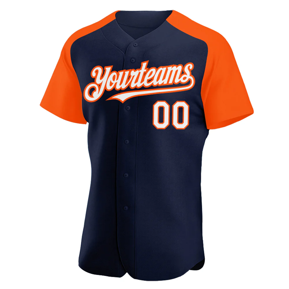 Custom Navy White-Orange Authentic Raglan Sleeves Baseball Jersey