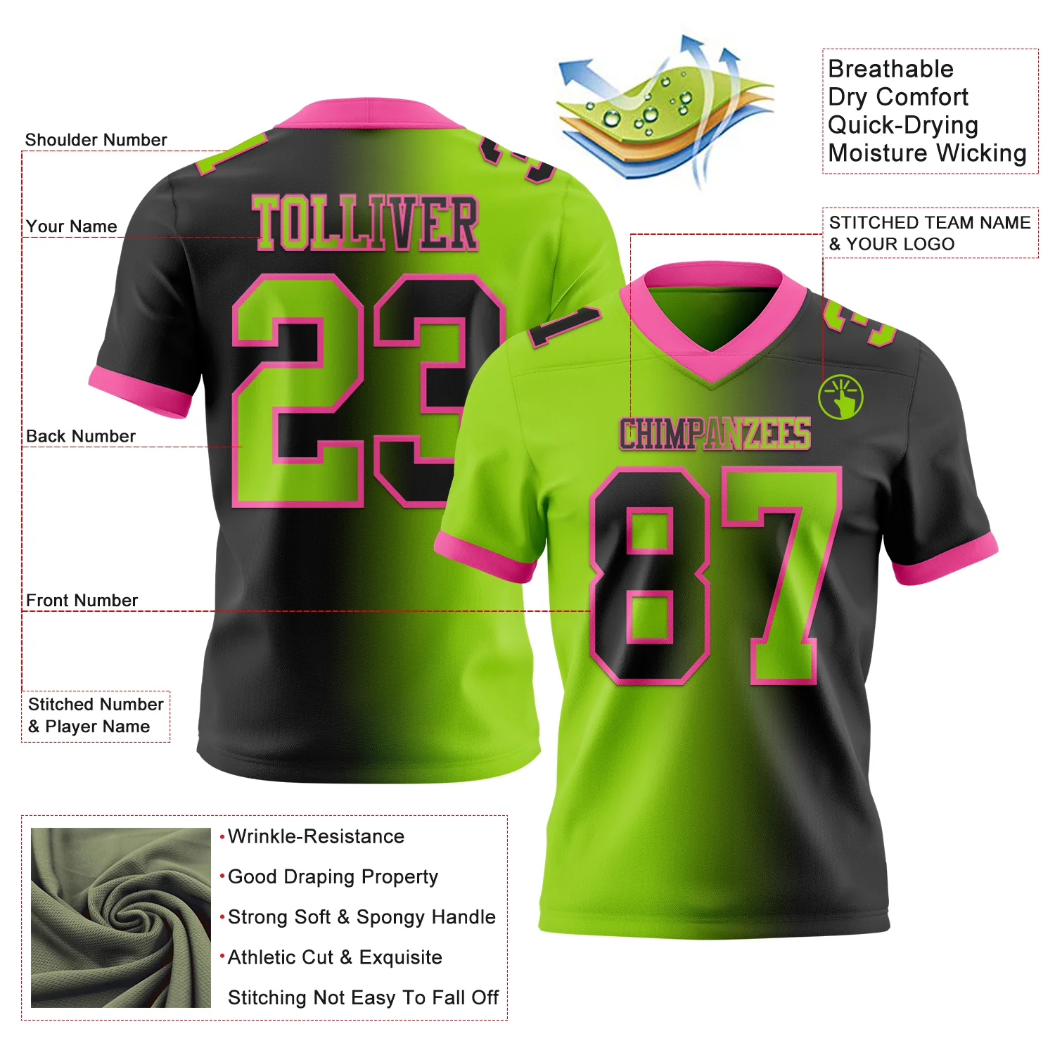 Custom Black Neon Green-Pink Authentic Gradient Fashion Football Jersey