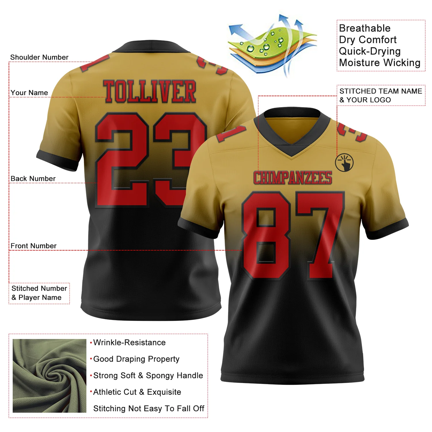 Custom Old Gold Red-Black Authentic Fade Fashion Football Jersey