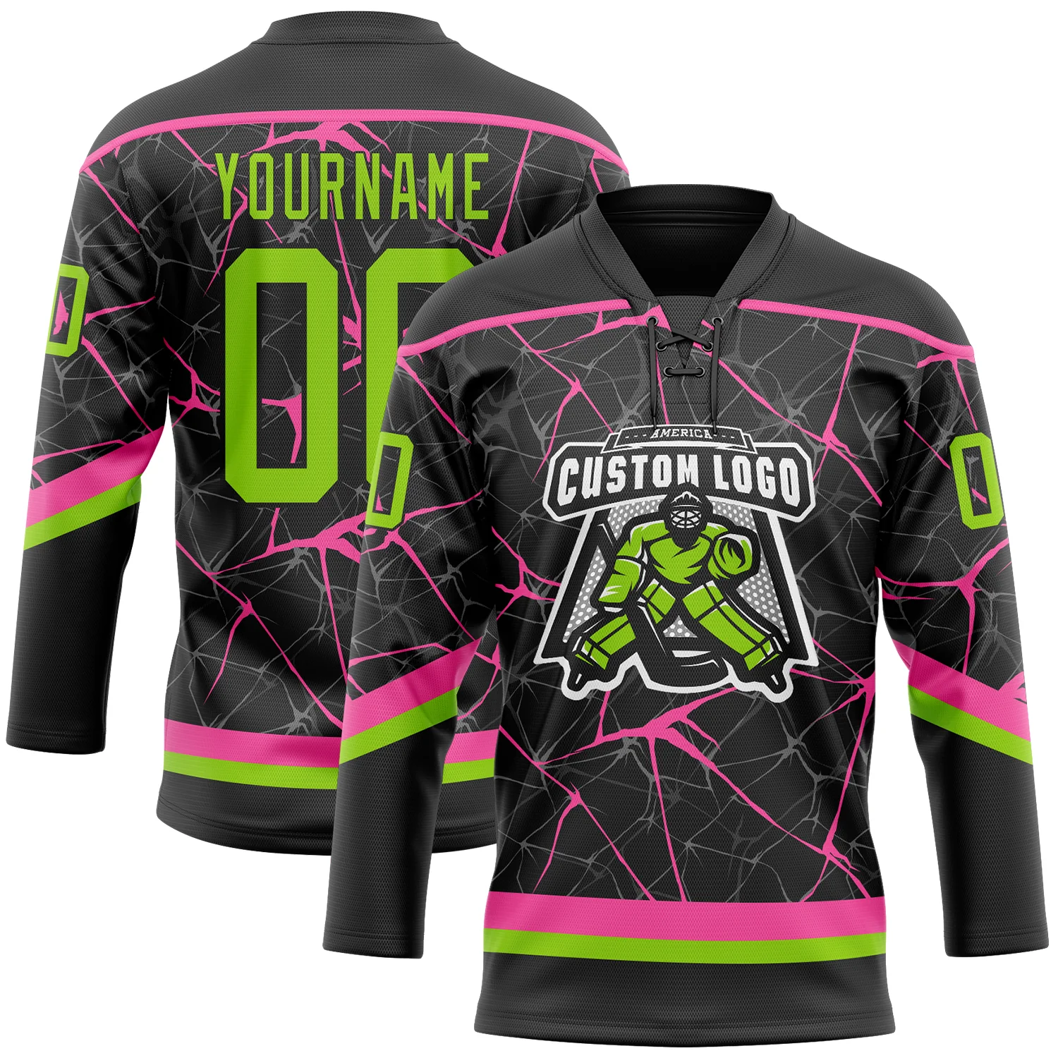 Custom Black Neon Green-Pink 3D Pattern Abstract Network Hockey Lace Neck Jersey