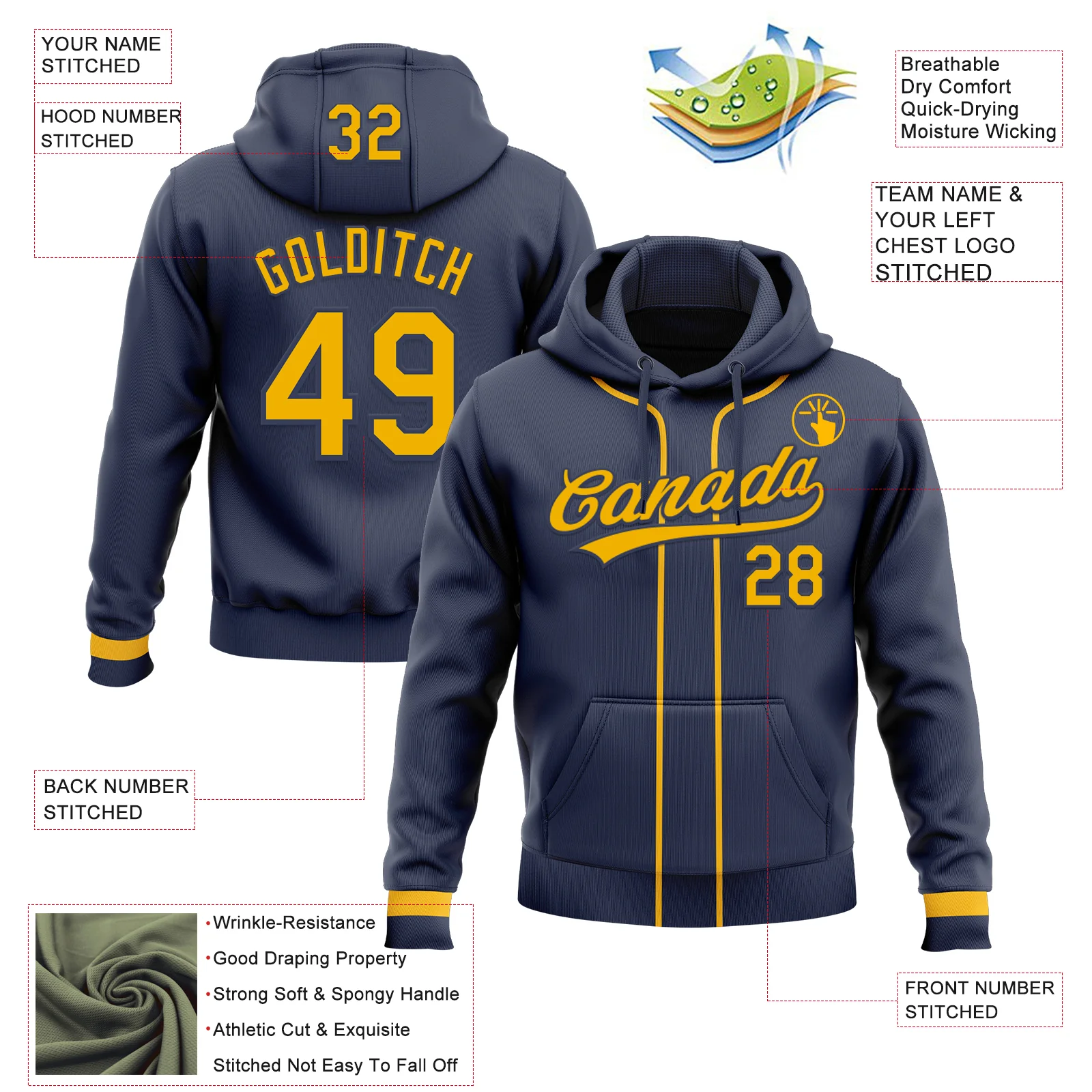 Custom Stitched Navy Gold Baseball Pullover Sweatshirt Hoodie