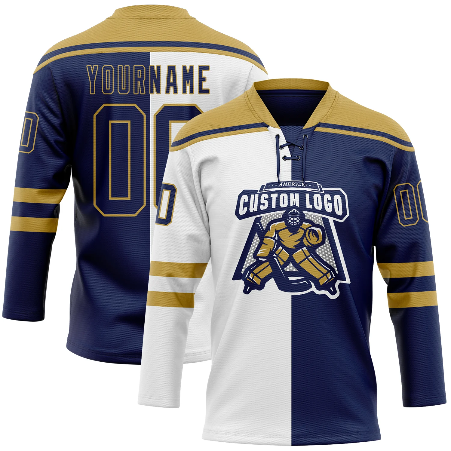 Custom Navy Old Gold-White Split Fashion Hockey Lace Neck Jersey