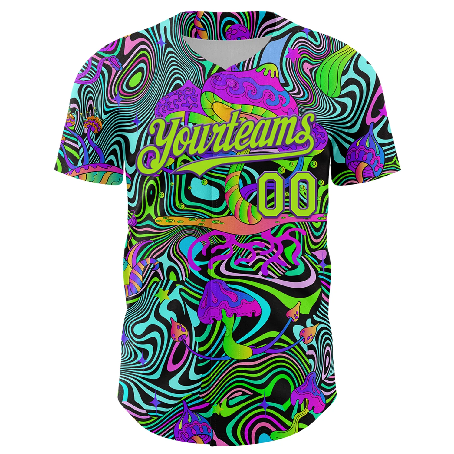 Custom Purple Neon Green 3D Pattern Design Trippy Groovy Magic Mushrooms Authentic Baseball Jersey