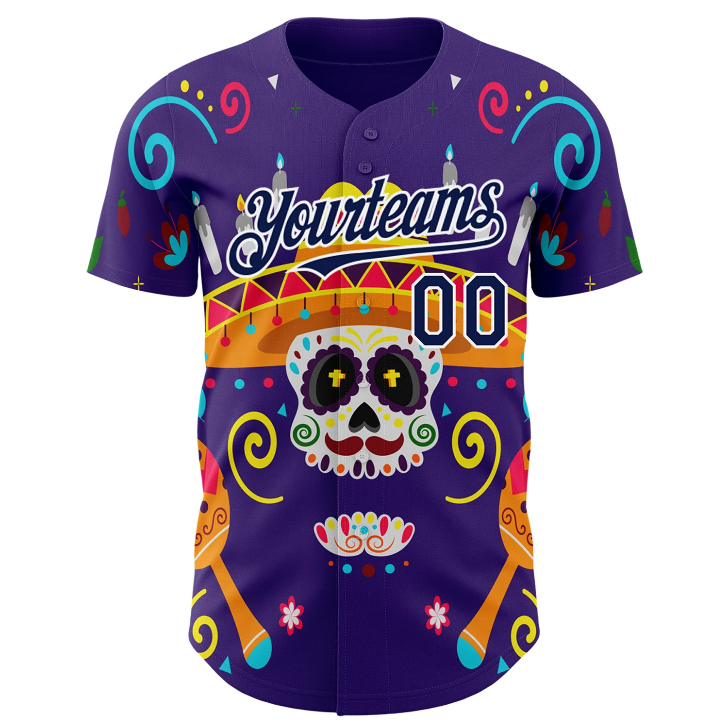 Custom Purple Navy-White 3D Mexican Festival Flower Skull With Sombrero Cinco de Mayo Authentic Baseball Jersey