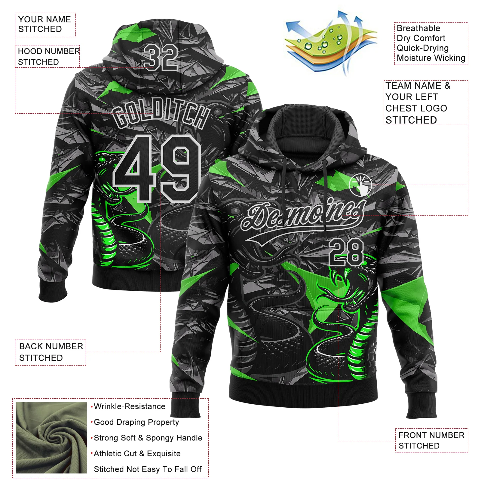 Custom Stitched Black Gray Green-White 3D Pattern Design Animal Snake Sports Pullover Sweatshirt Hoodie