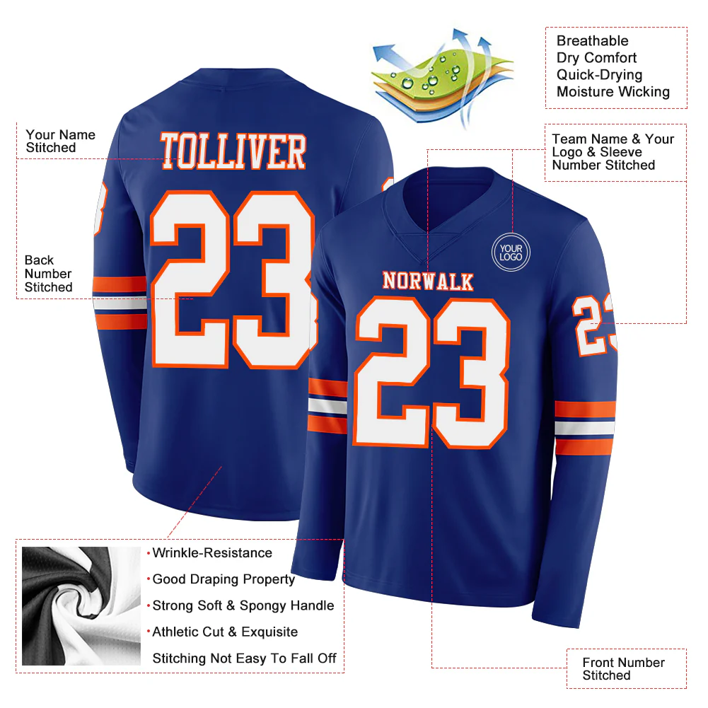 Custom Royal White-Orange Long Sleeve Authentic Football Jersey