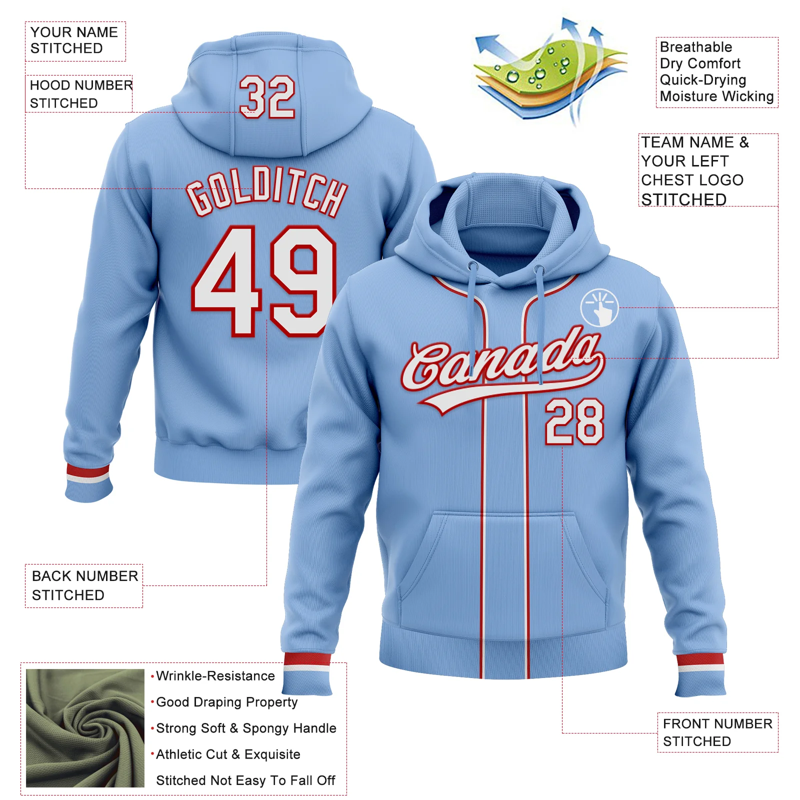 Custom Stitched Light Blue White-Red Baseball Pullover Sweatshirt Hoodie