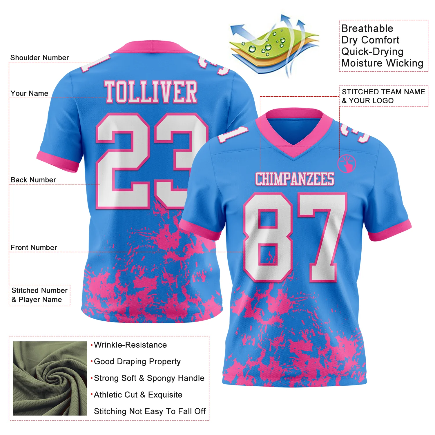 Custom Powder Blue White-Pink 3D Pattern Splash Authentic Football Jersey