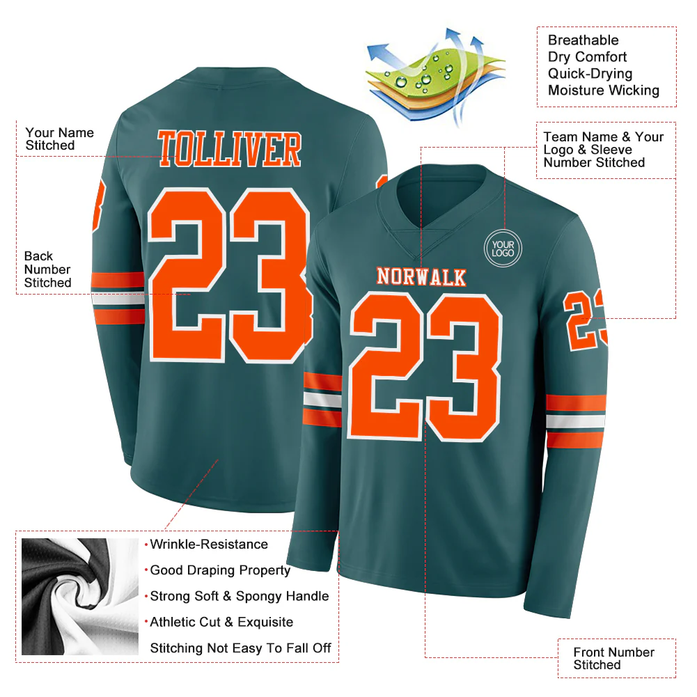 Custom Midnight Green Orange-White Long Sleeve Authentic Football Jersey