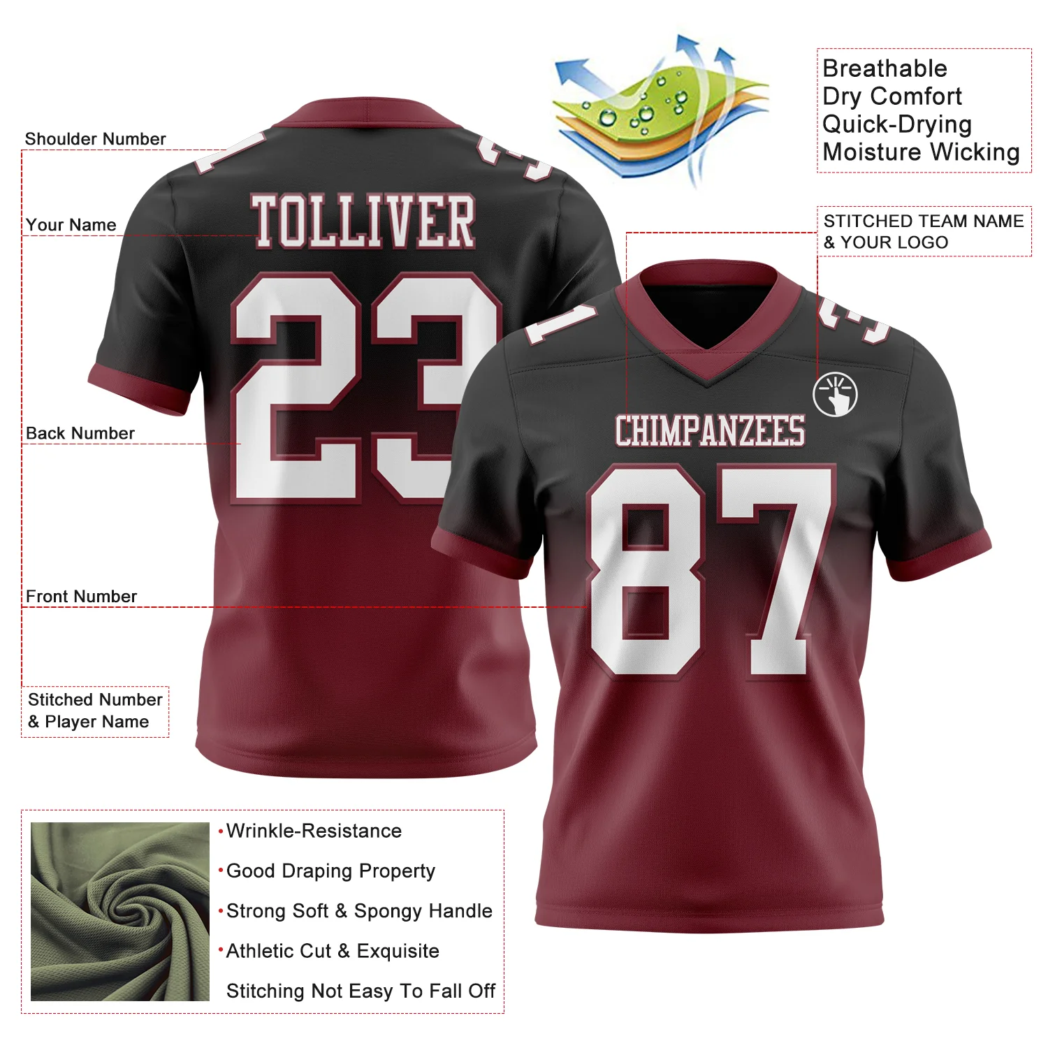 Custom Black White-Burgundy Authentic Fade Fashion Football Jersey