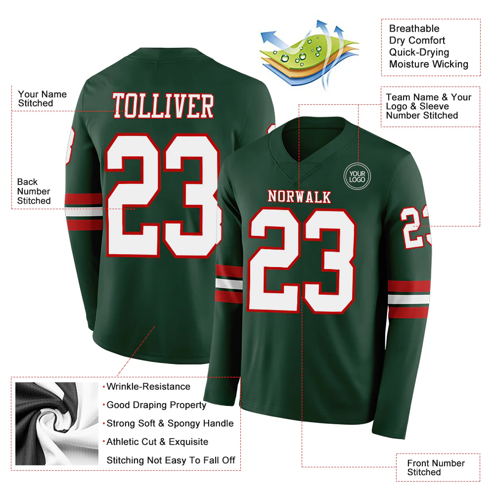 Custom Green White-Red Long Sleeve Authentic Football Jersey