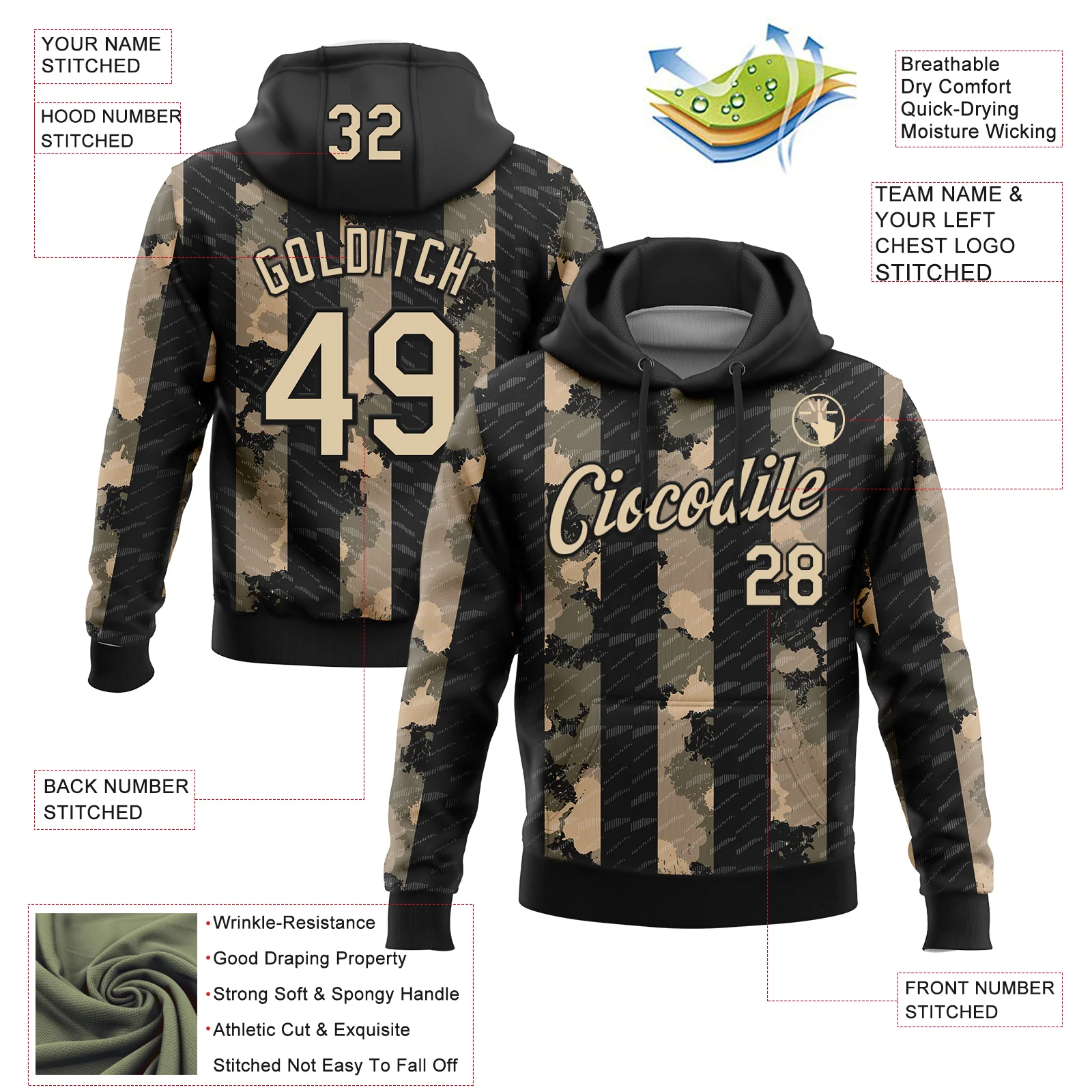 Custom Stitched Black City Cream 3D Pattern Design Line Sports Pullover Sweatshirt Hoodie