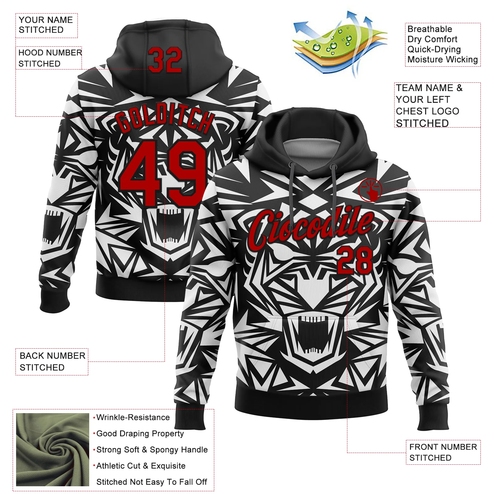 Custom Stitched Black Red-White 3D Pattern Design Geometric Shape Sports Pullover Sweatshirt Hoodie