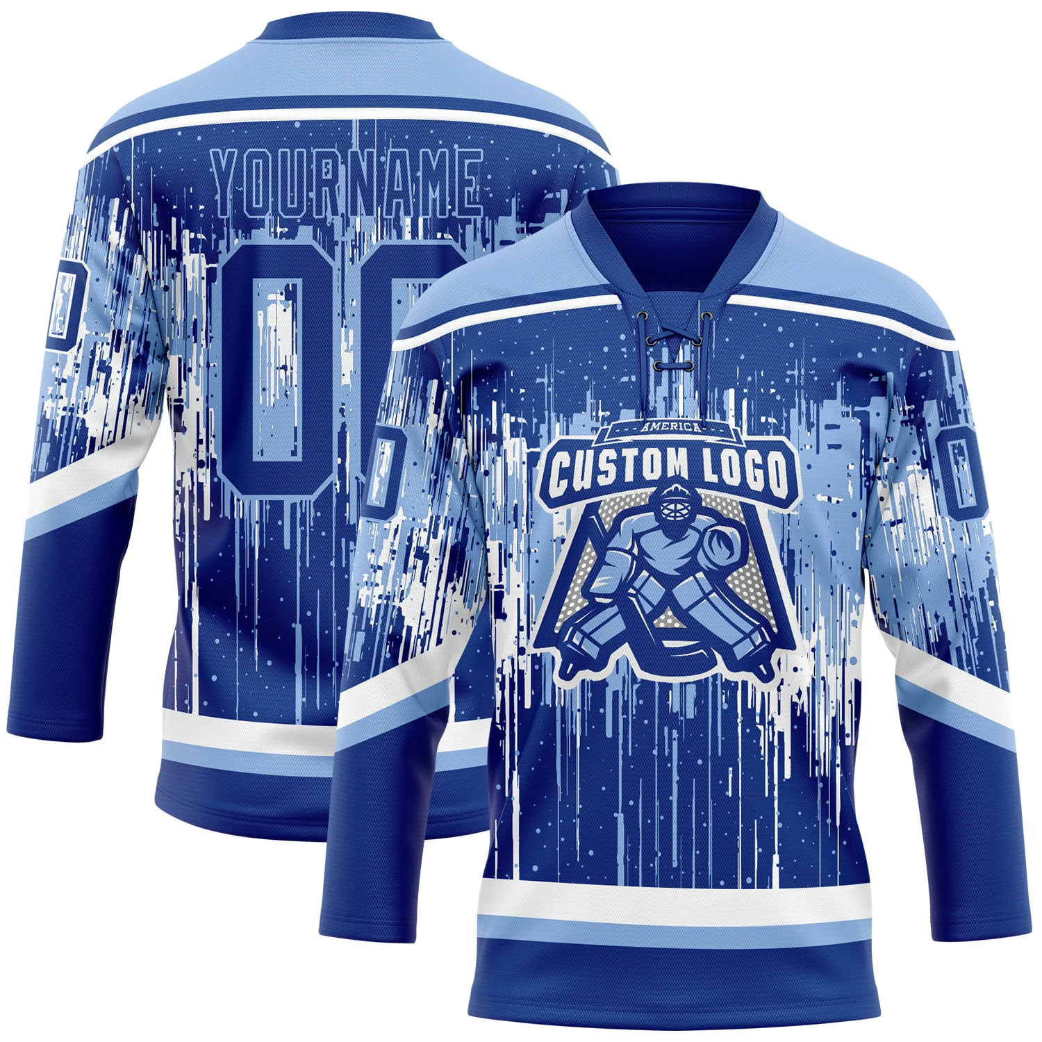 Custom Royal Light Blue-White 3D Pattern Dripping Splatter Hockey Lace Neck Jersey