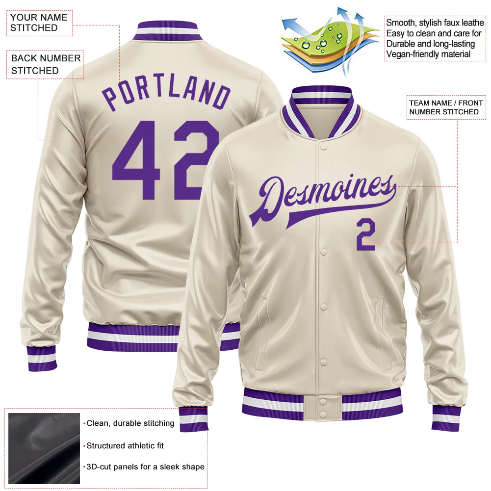 Custom Cream Purple Bomber Full-Snap Varsity Faux Leather Letterman Jacket