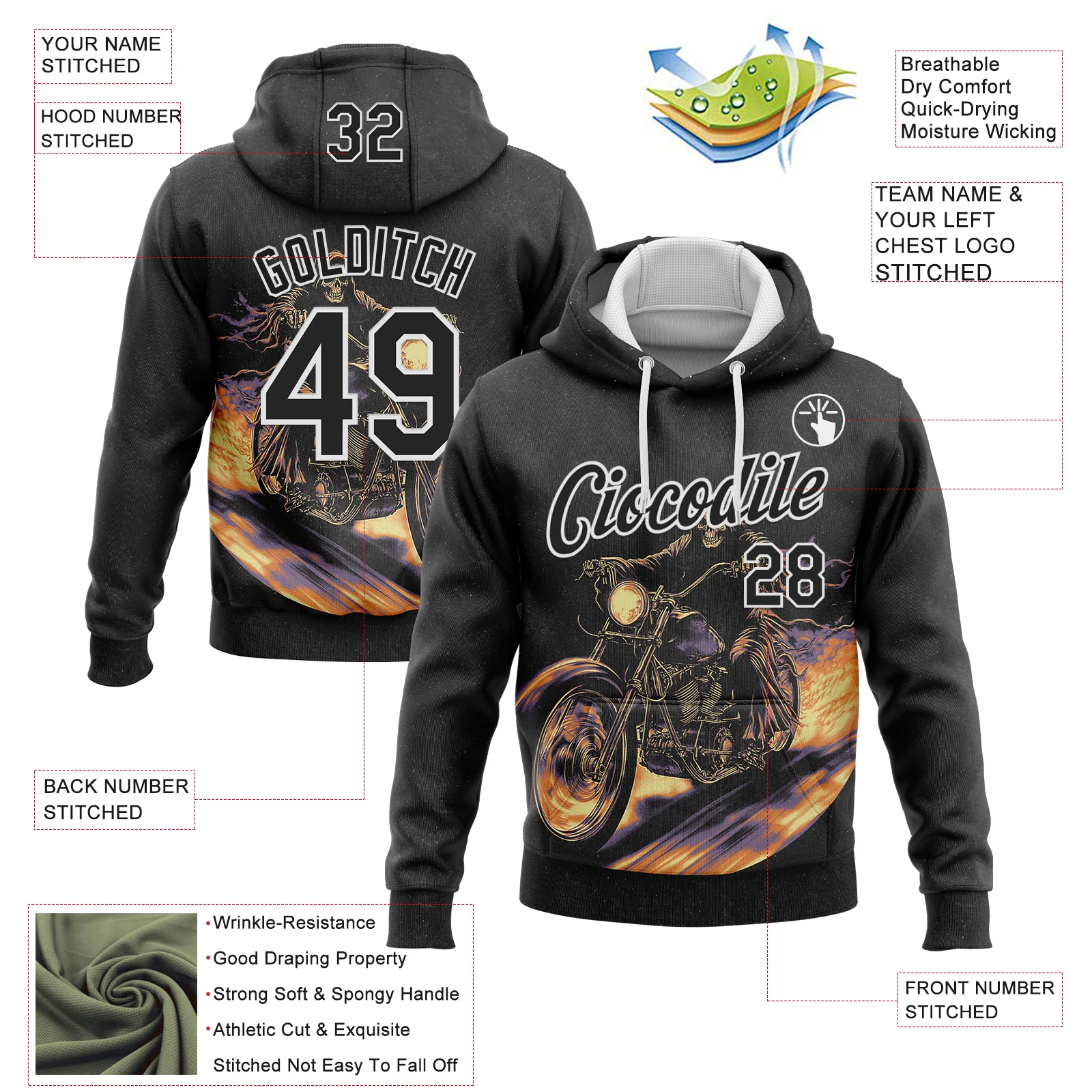 Custom Stitched Black White 3D Pattern Design Motorcycle Motocross Skull Racing Sports Pullover Sweatshirt Hoodie