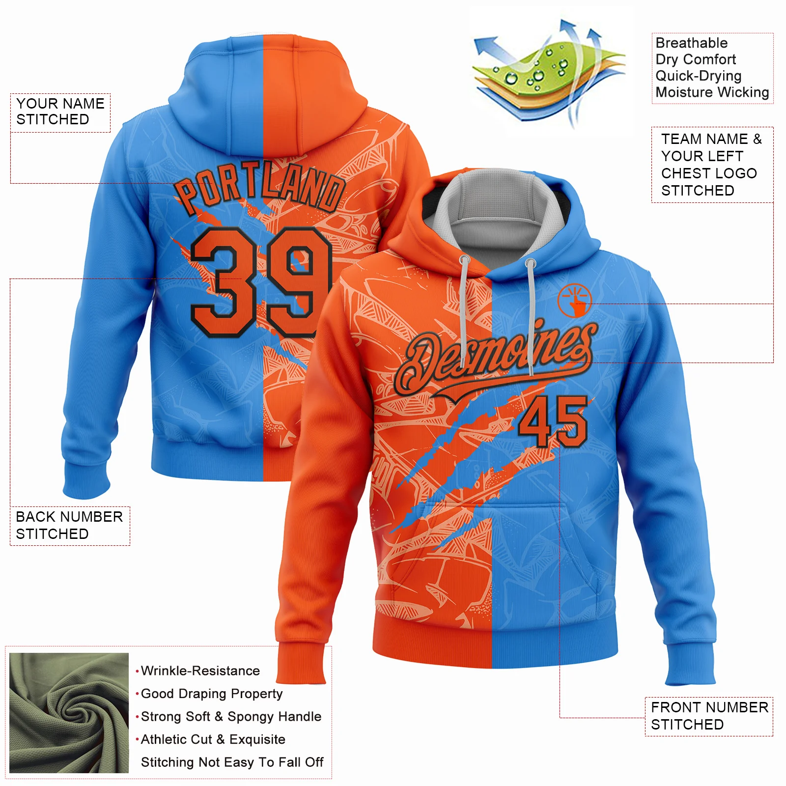 Custom Stitched Graffiti Pattern Orange Powder Blue-Black 3D Scratch Sports Pullover Sweatshirt Hoodie