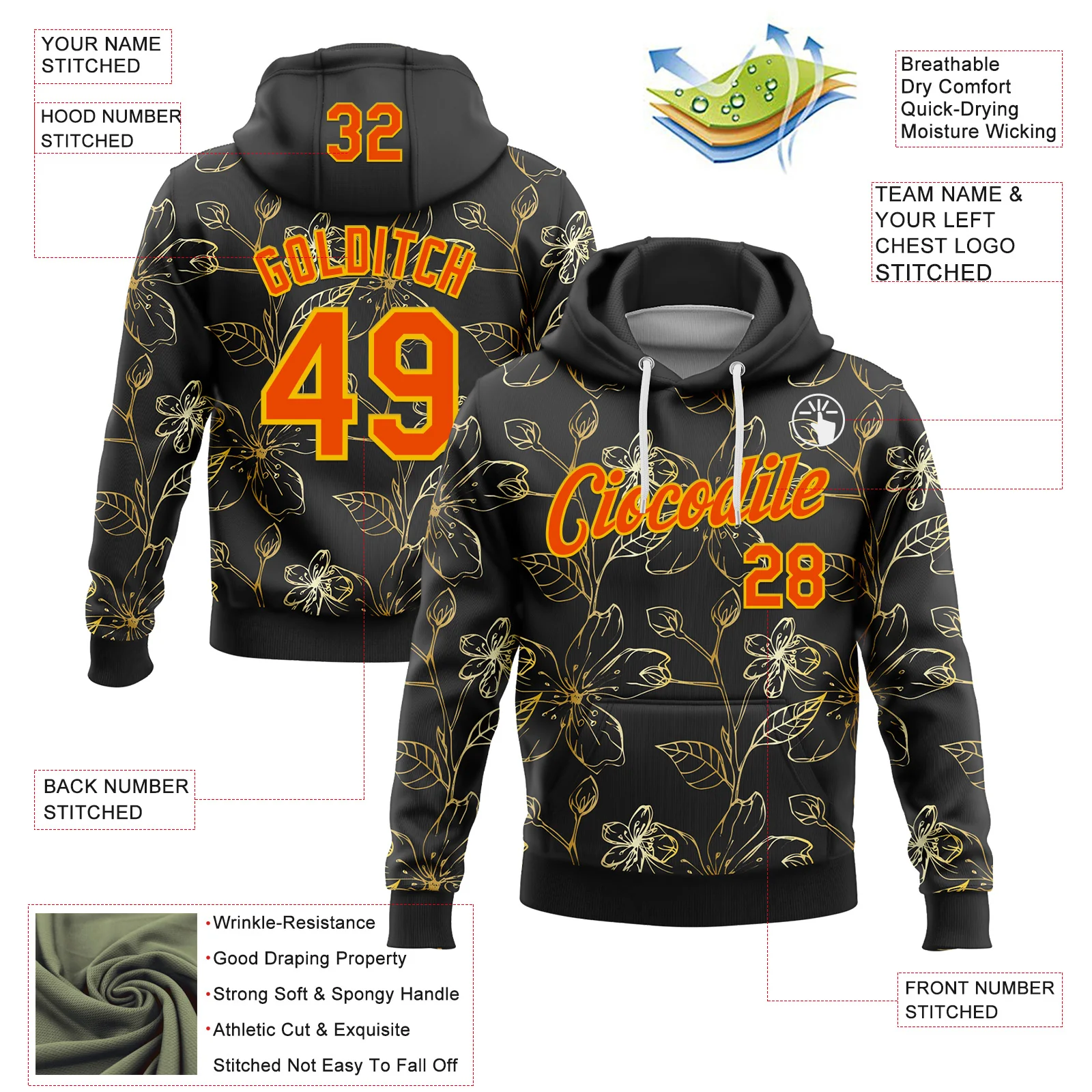 Custom Stitched Black Orange-Yellow 3D Pattern Design Golden Subtle Floral Sports Pullover Sweatshirt Hoodie