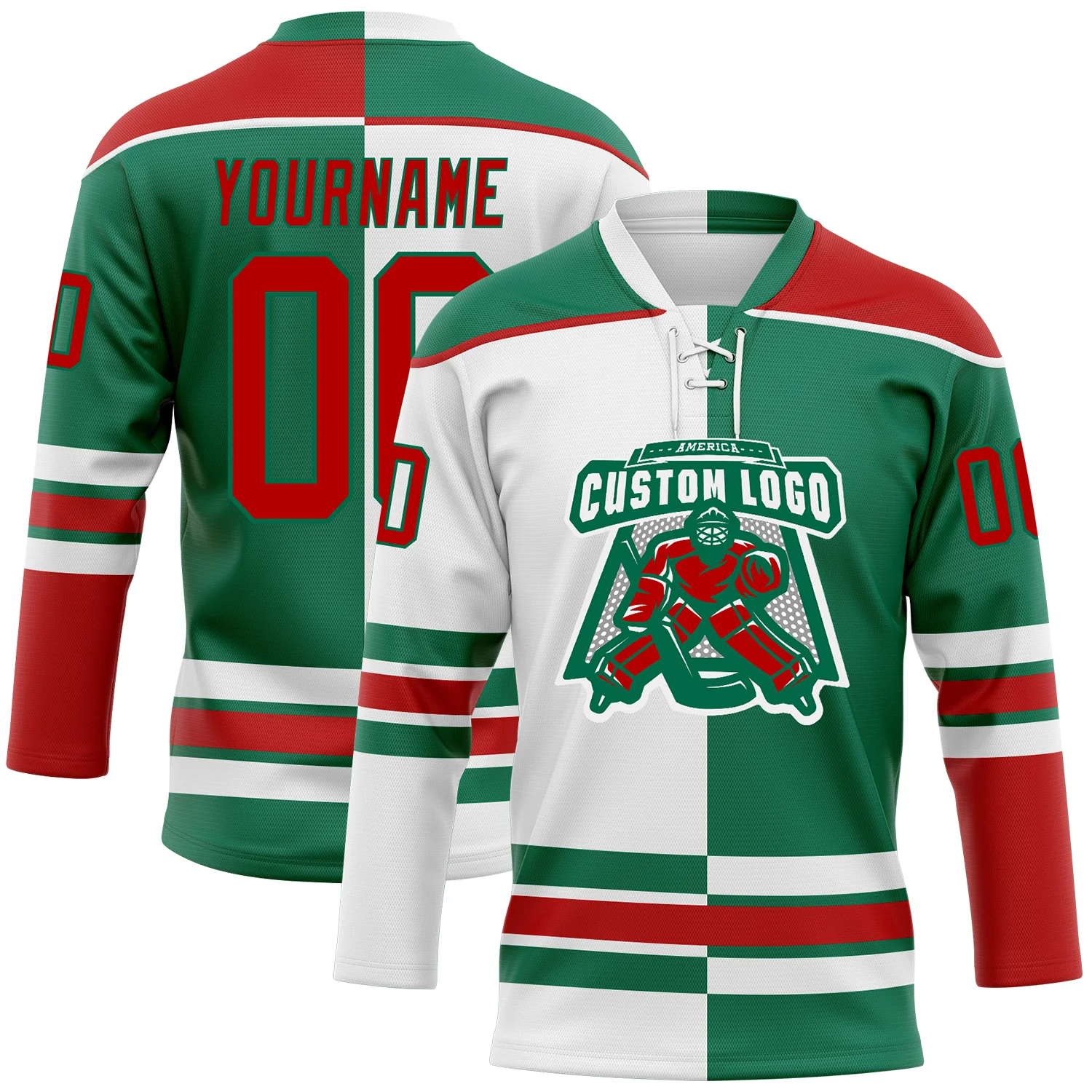 Custom Kelly Green Red-White Split Fashion Hockey Lace Neck Jersey