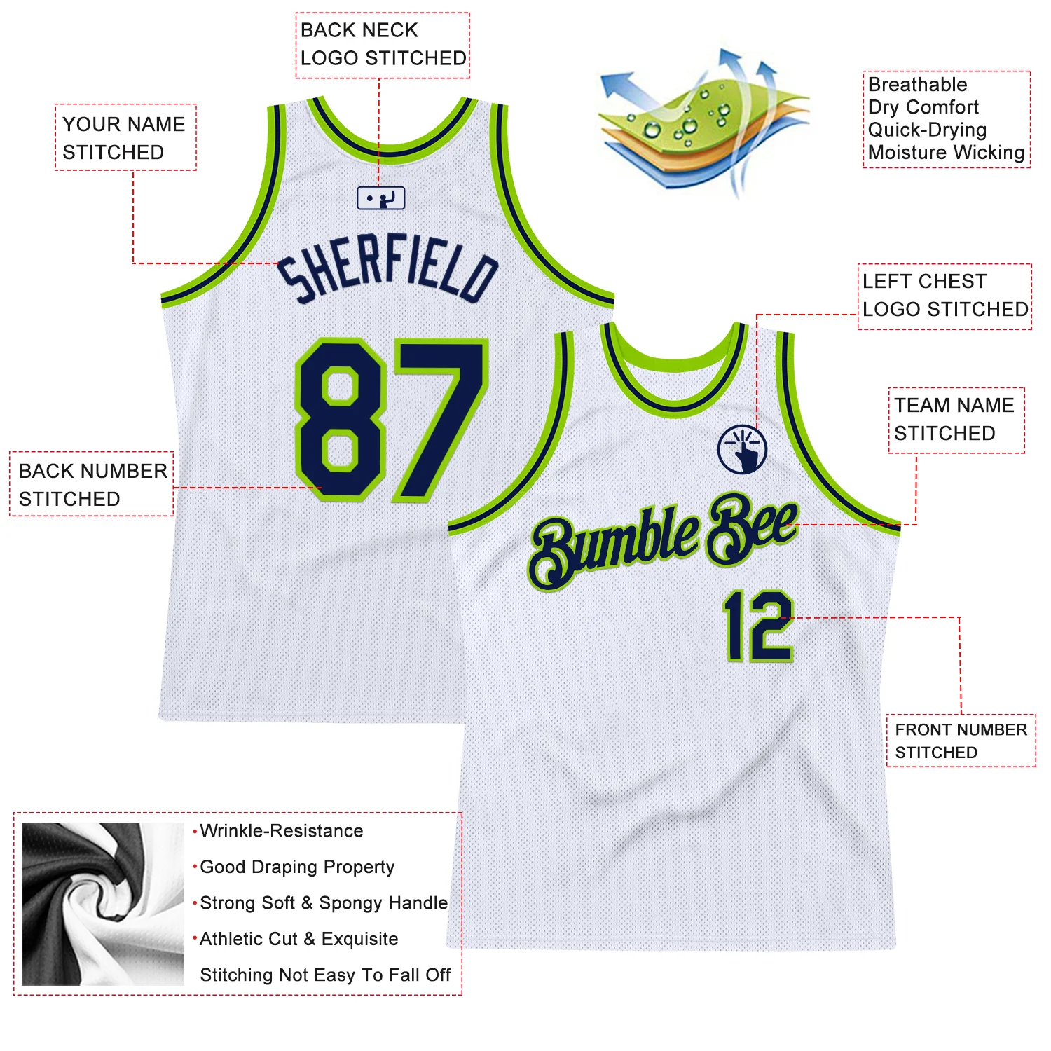 Custom White Navy-Neon Green Authentic Throwback Basketball Jersey