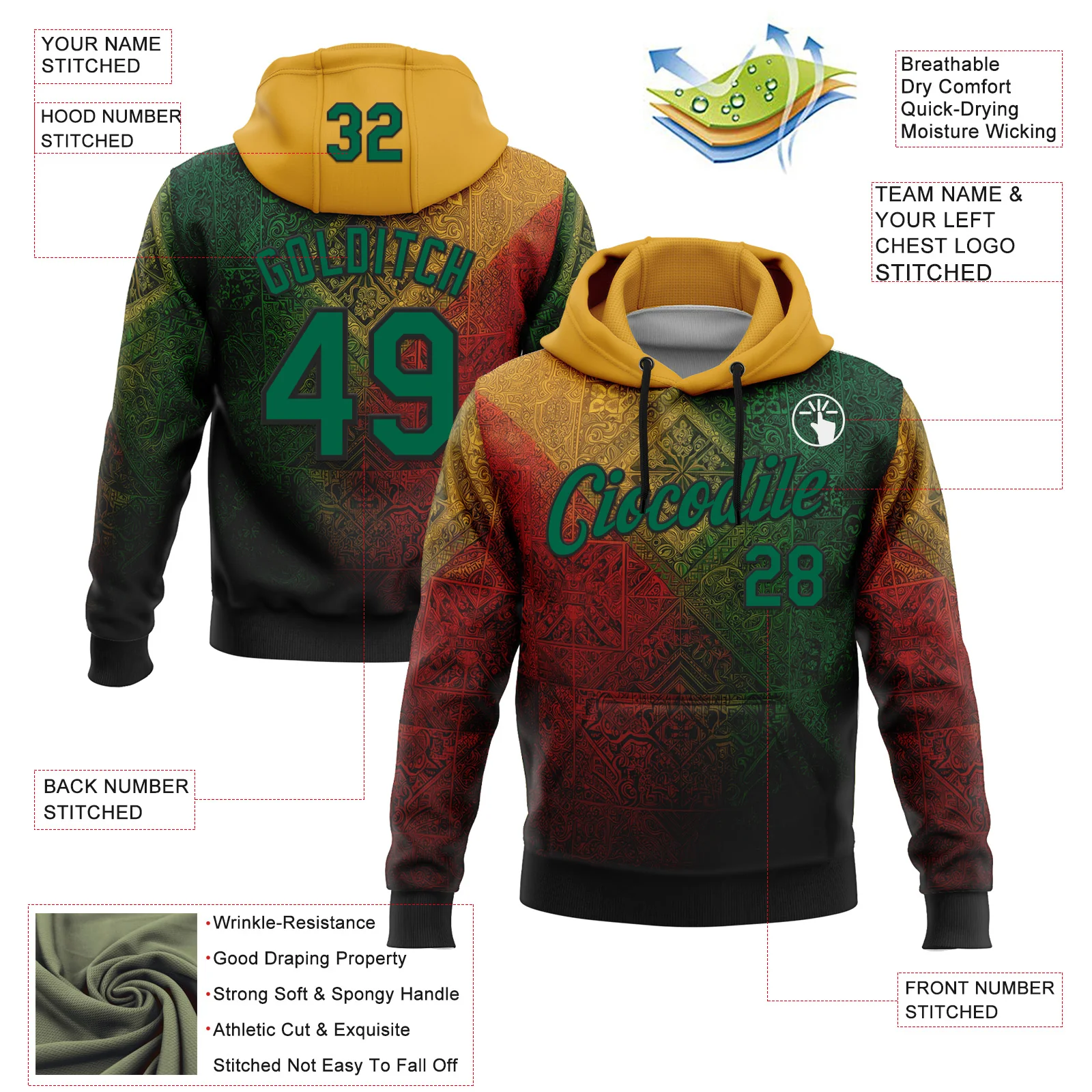 Custom Stitched Yellow Kelly Green Red-Black 3D Pattern Design Brazil Mexico Inspired Geometric Tribal Sportswear Pullover Sweatshirt Hoodie
