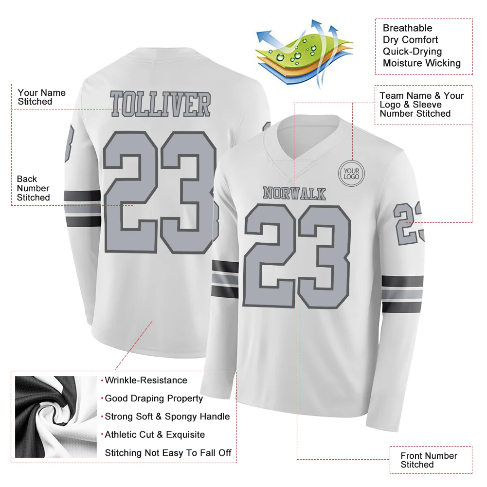 Custom White Gray-Steel Gray Long Sleeve Authentic Football Jersey