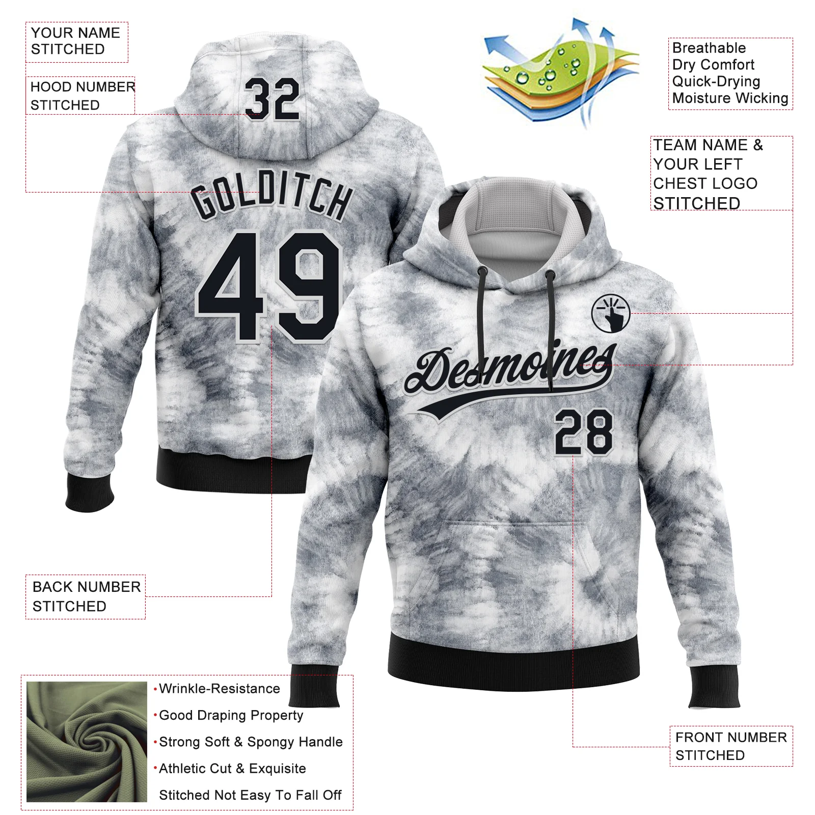 Custom Stitched Tie Dye Black-White 3D Sports Pullover Sweatshirt Hoodie