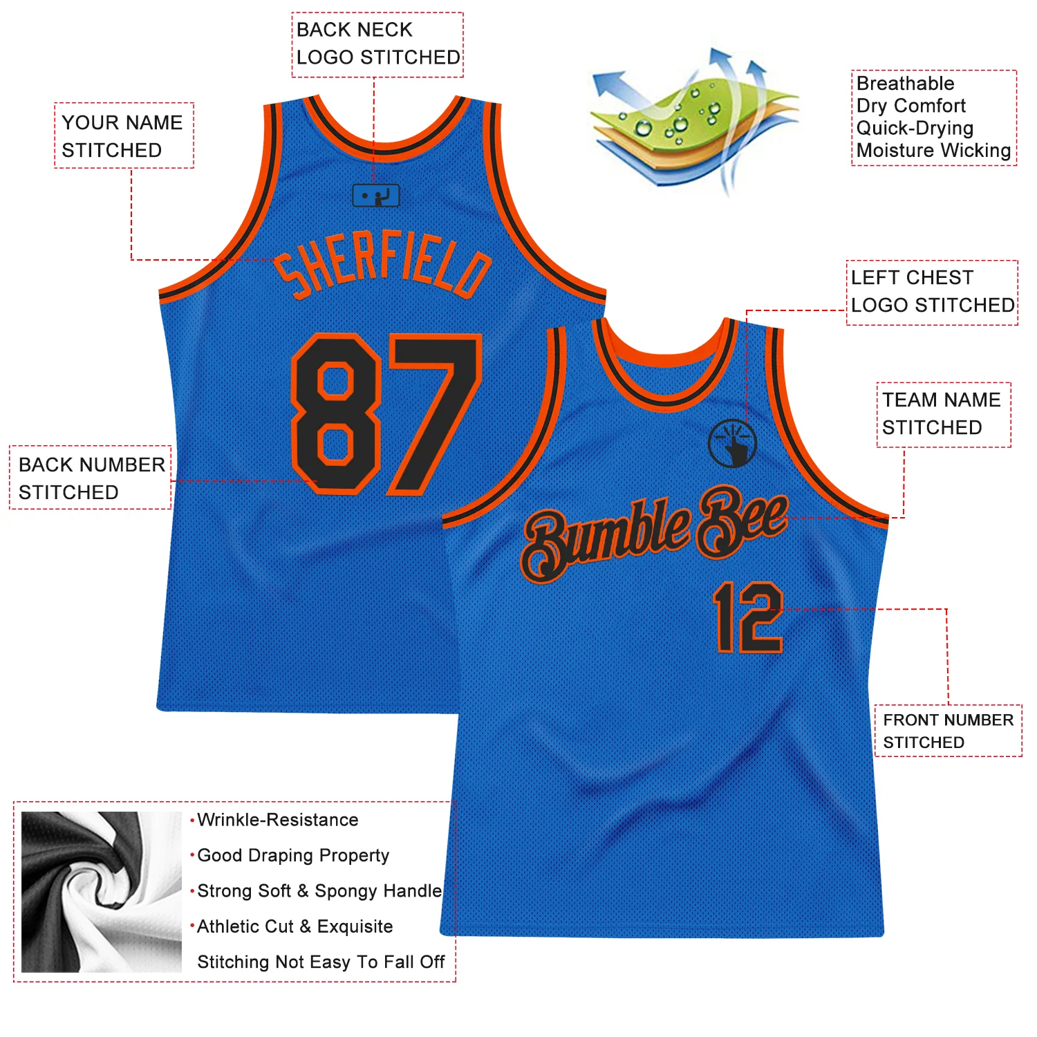 Custom Blue Black-Orange Authentic Throwback Basketball Jersey