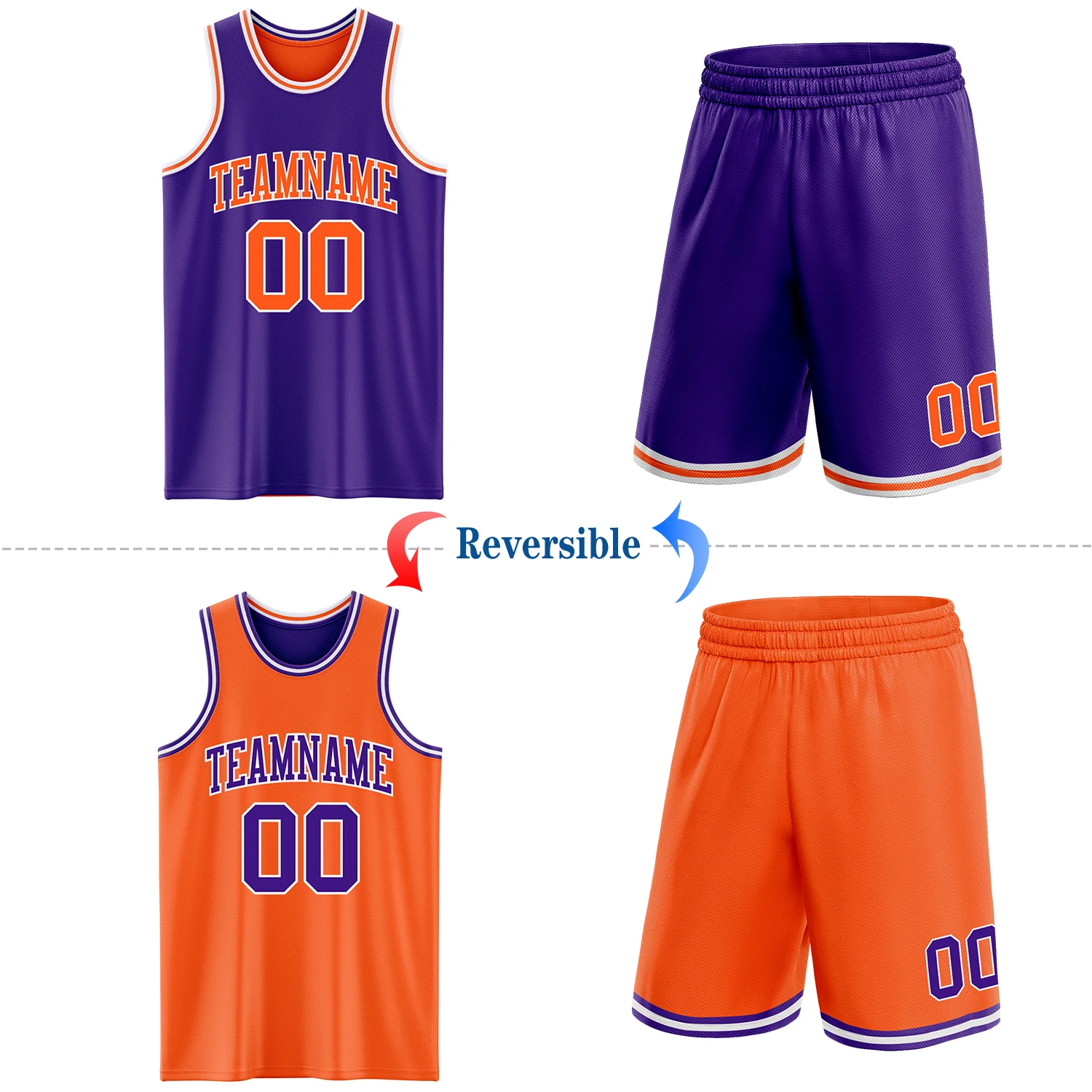 Custom Purple Orange-White Reversible Double Side Sublimation Basketball Suit Jersey
