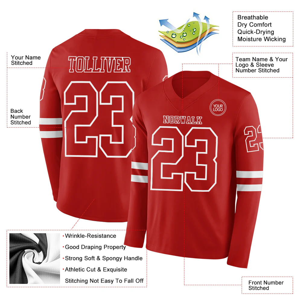 Custom Red White Long Sleeve Authentic Football Jersey