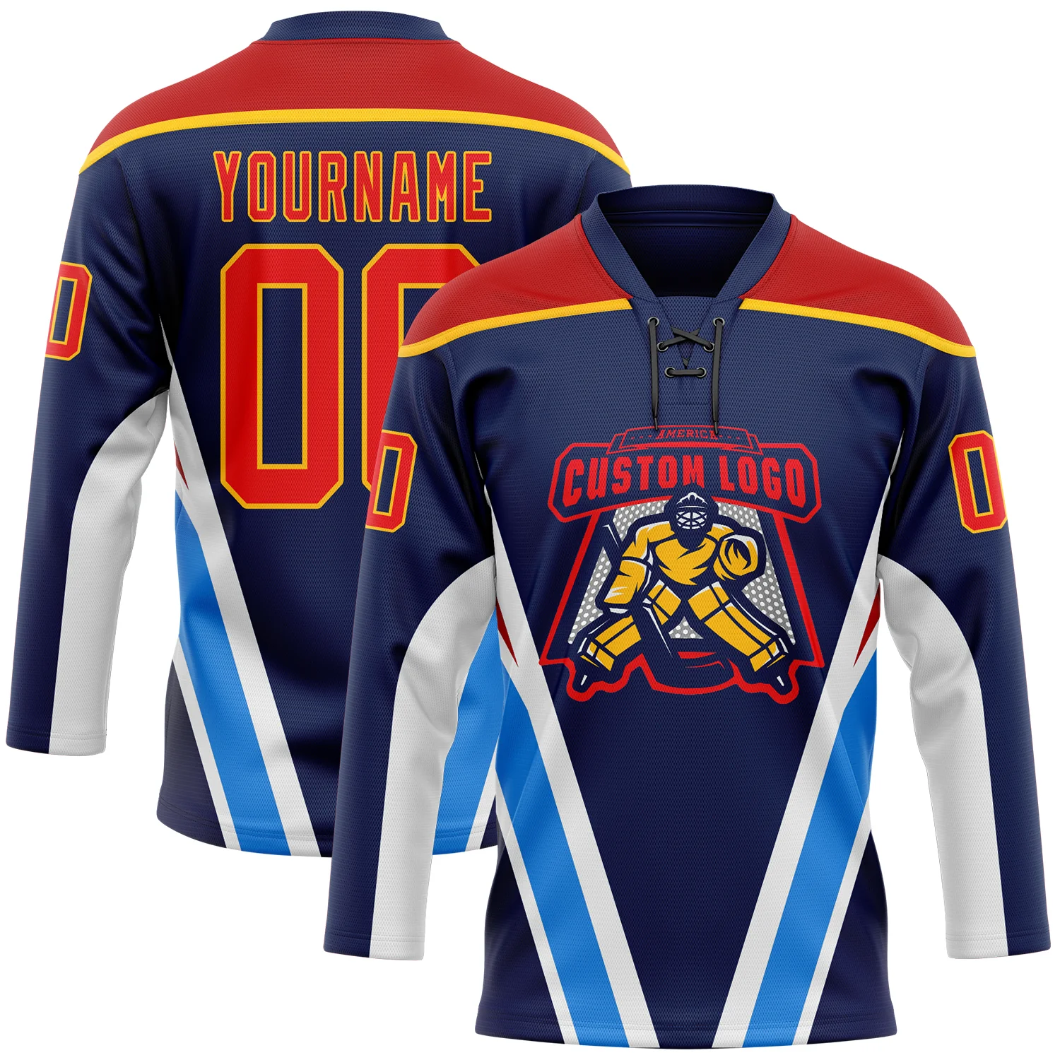 Custom Navy Fire Red Gold Blue-White 3D Abstract Pattern Graphic Cyber Mecha E-sport Hockey Lace Neck Jersey
